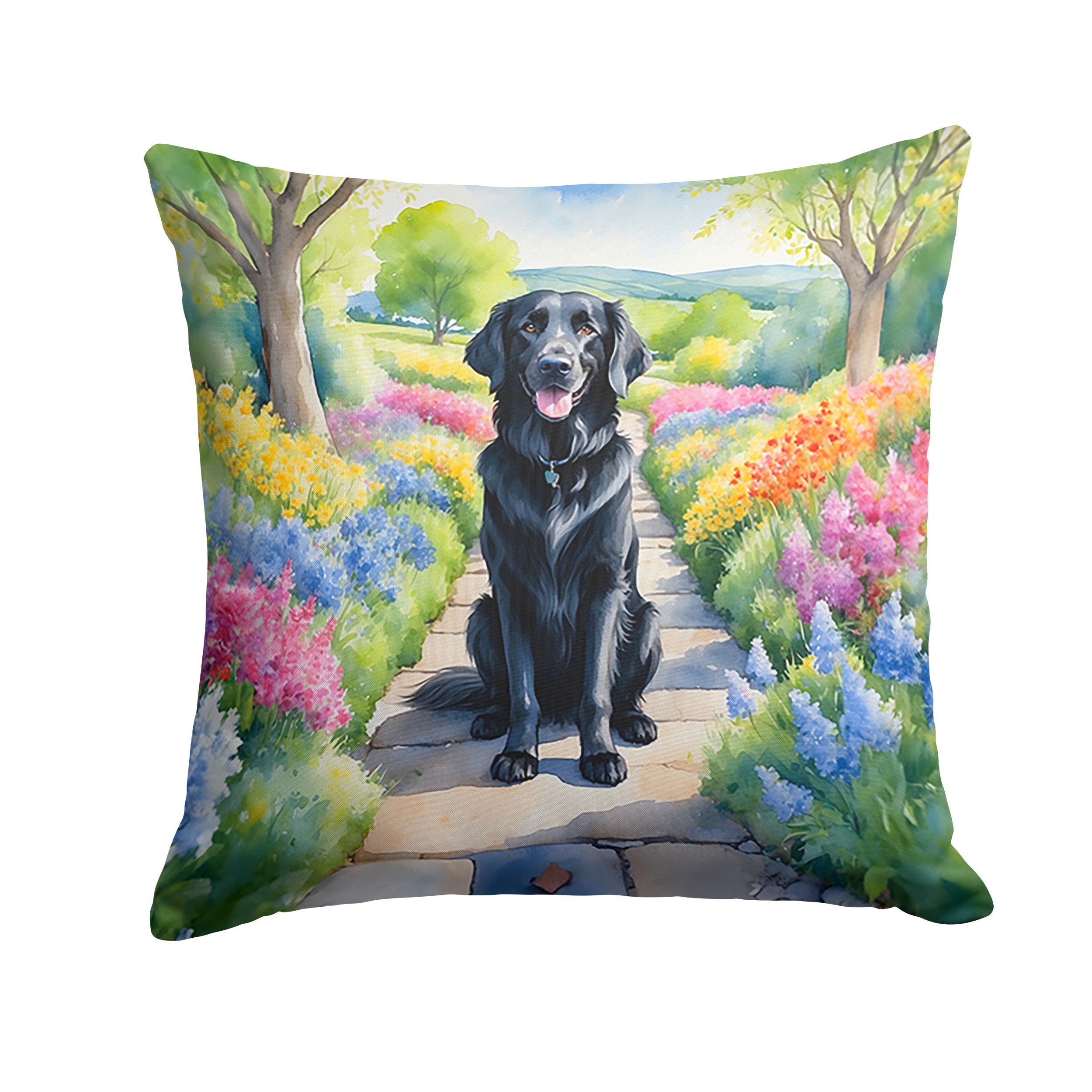 Flat-Coated Retriever Spring Path Throw Pillow Machine Washable, Indoor Outdoor Decorative Pillow for Couch, Bed or Patio, 14Hx14W