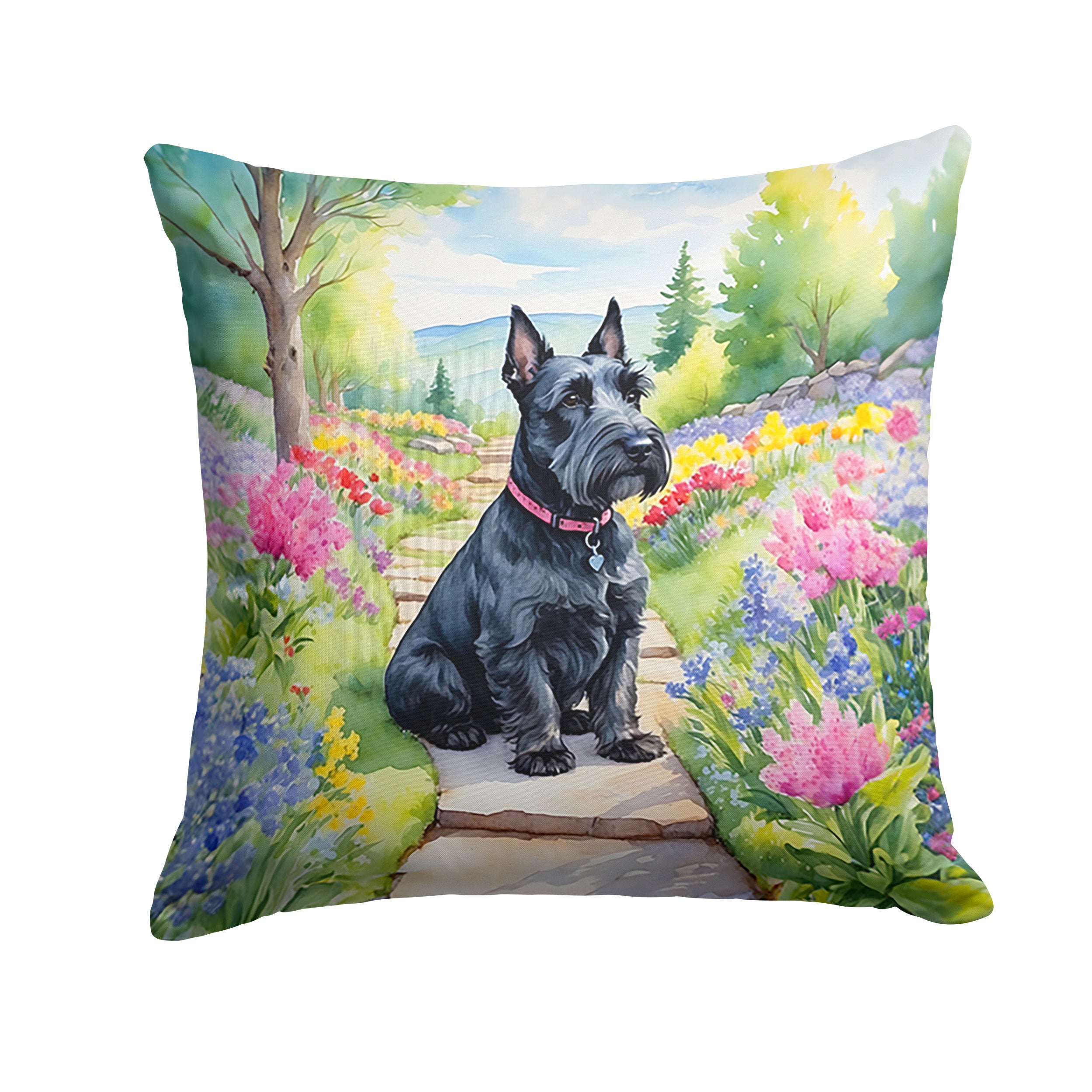 Scottish Terrier Spring Path Throw Pillow Machine Washable, Indoor Outdoor Decorative Pillow for Couch, Bed or Patio, 14Hx14W