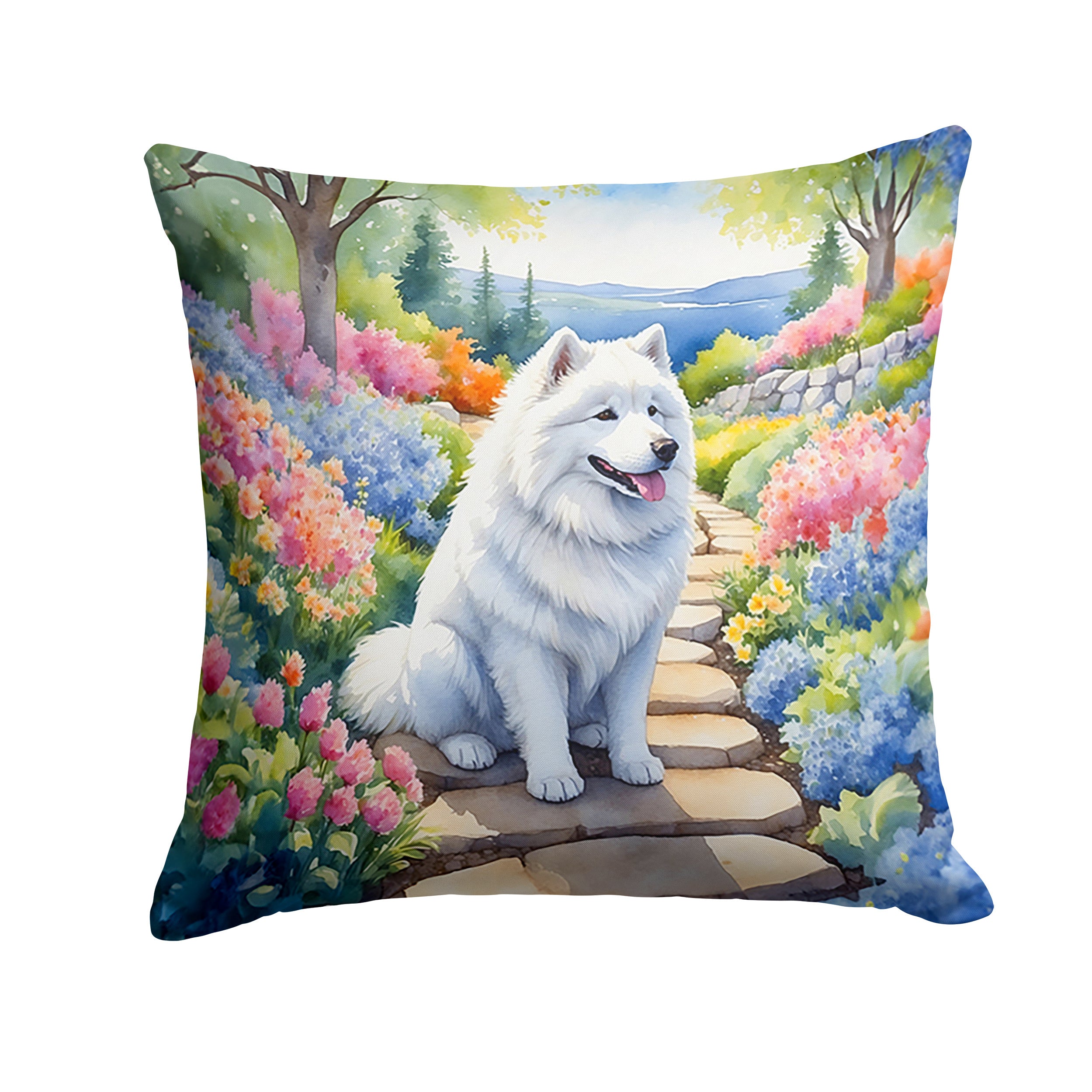 Samoyed Spring Path Throw Pillow Machine Washable, Indoor Outdoor Decorative Pillow for Couch, Bed or Patio, 14Hx14W