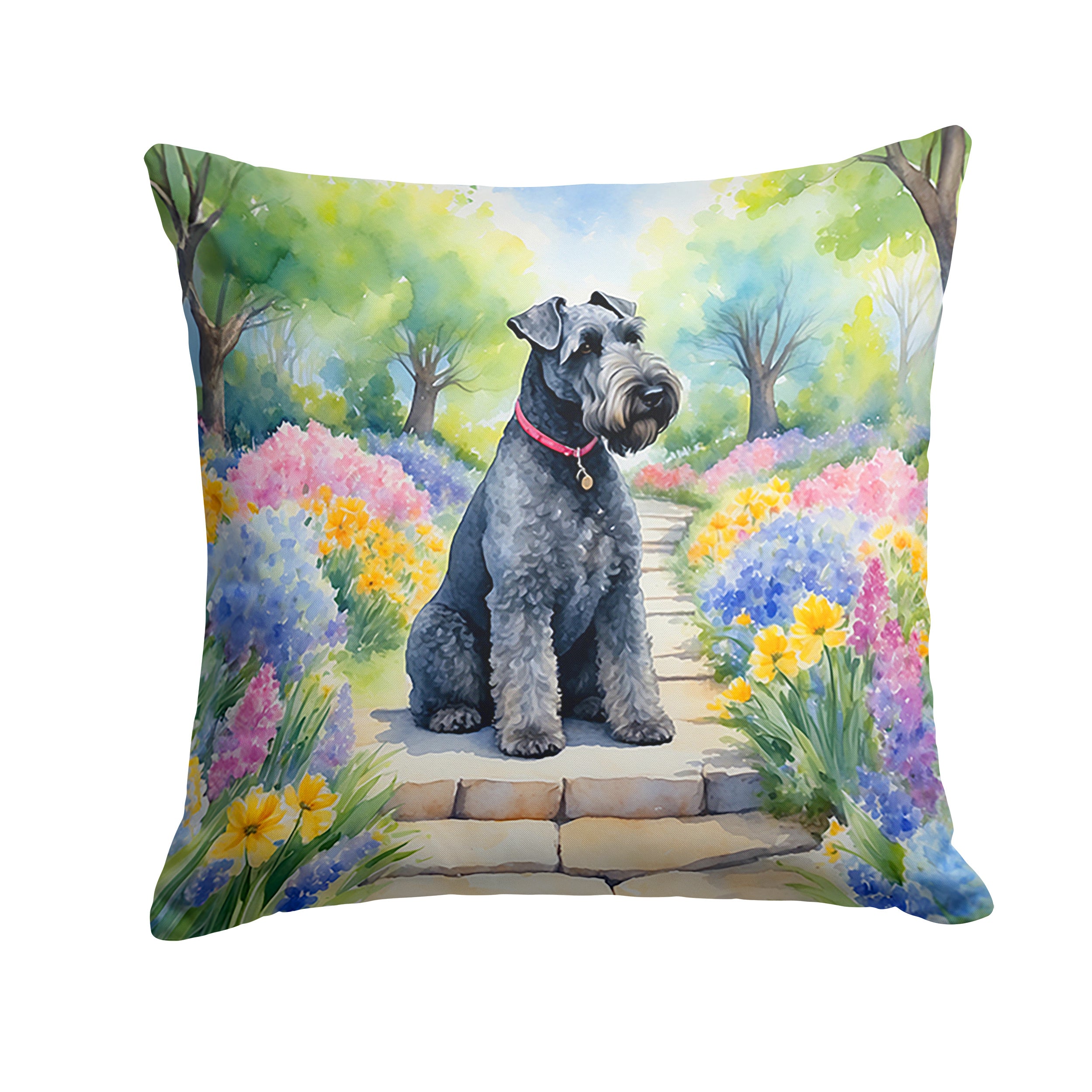 Kerry Blue Terrier Spring Path Throw Pillow Machine Washable, Indoor Outdoor Decorative Pillow for Couch, Bed or Patio, 14Hx14W