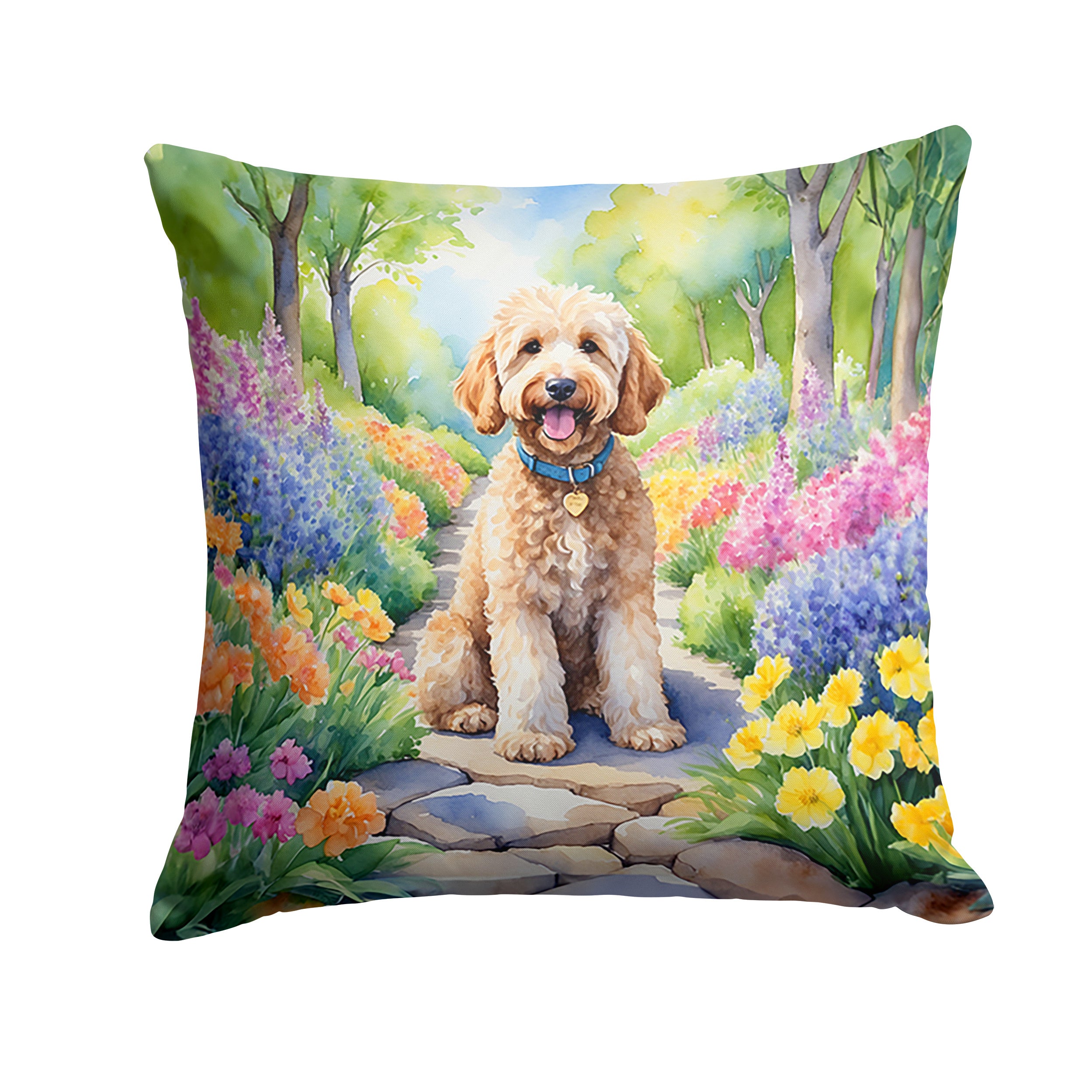 Goldendoodle Spring Path Throw Pillow Machine Washable, Indoor Outdoor Decorative Pillow for Couch, Bed or Patio, 14Hx14W