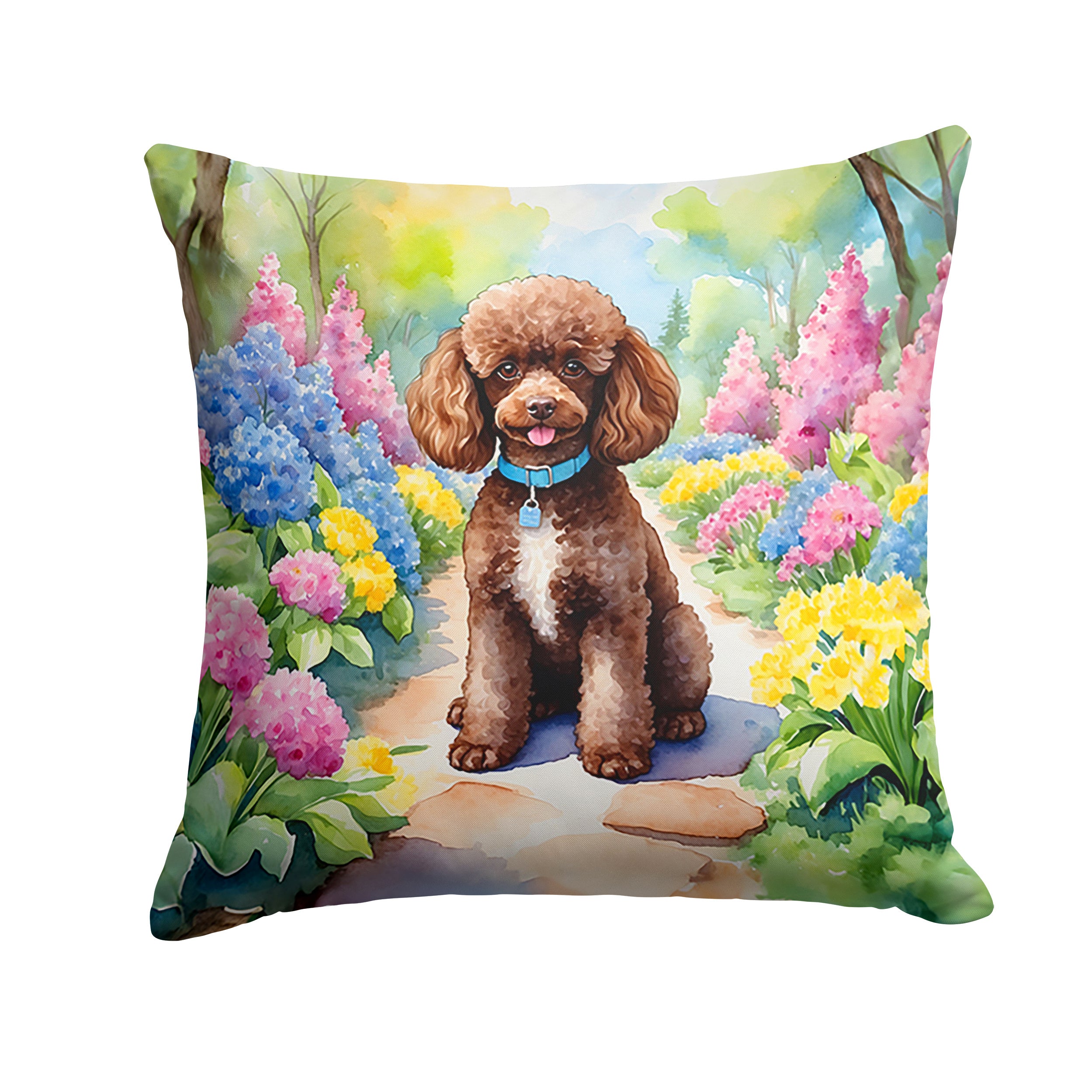 Chocolate Poodle Spring Path Throw Pillow Machine Washable, Indoor Outdoor Decorative Pillow for Couch, Bed or Patio, 14Hx14W