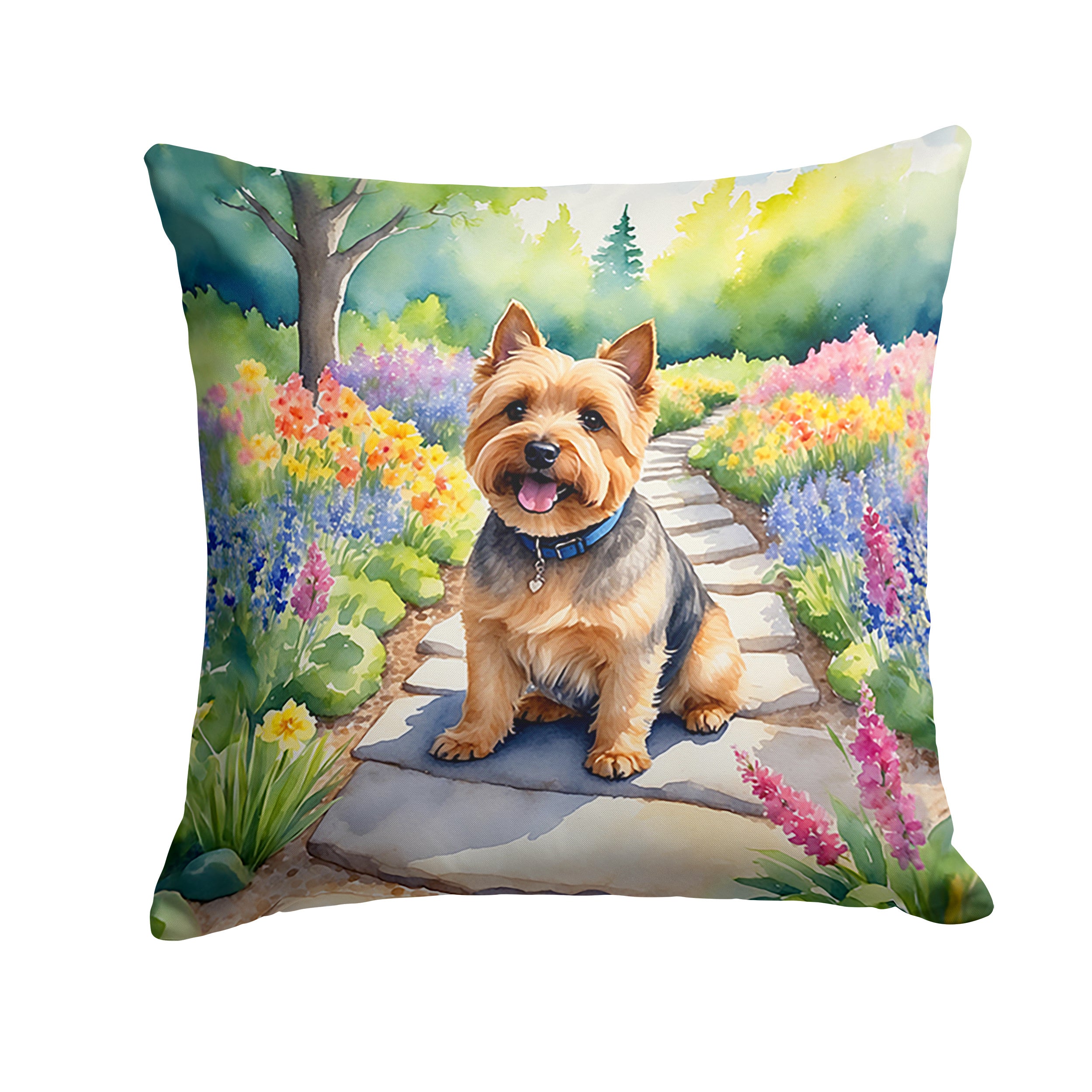 Norwich Terrier Spring Path Throw Pillow Machine Washable, Indoor Outdoor Decorative Pillow for Couch, Bed or Patio, 14Hx14W