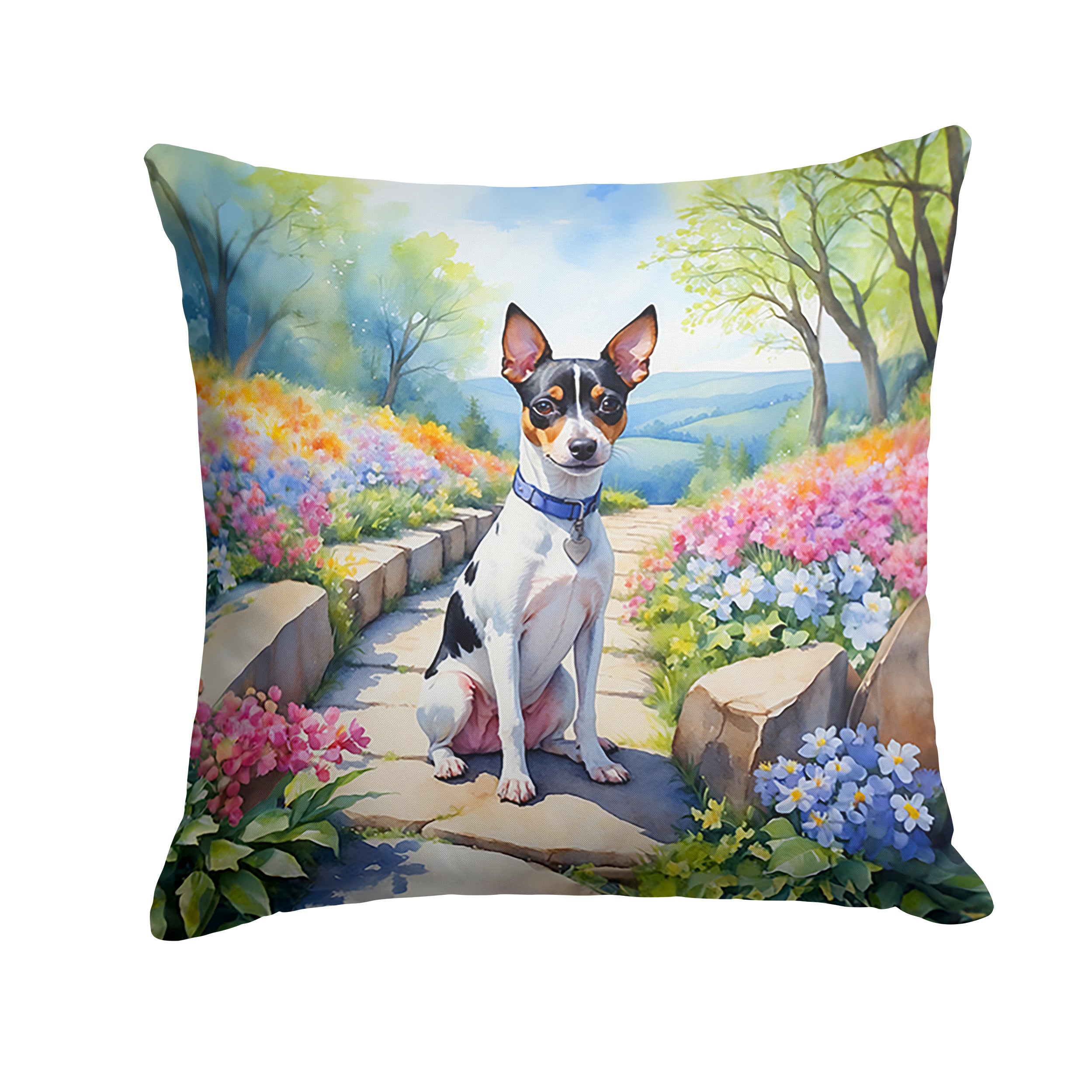 Rat Terrier Spring Path Throw Pillow Machine Washable, Indoor Outdoor Decorative Pillow for Couch, Bed or Patio, 14Hx14W