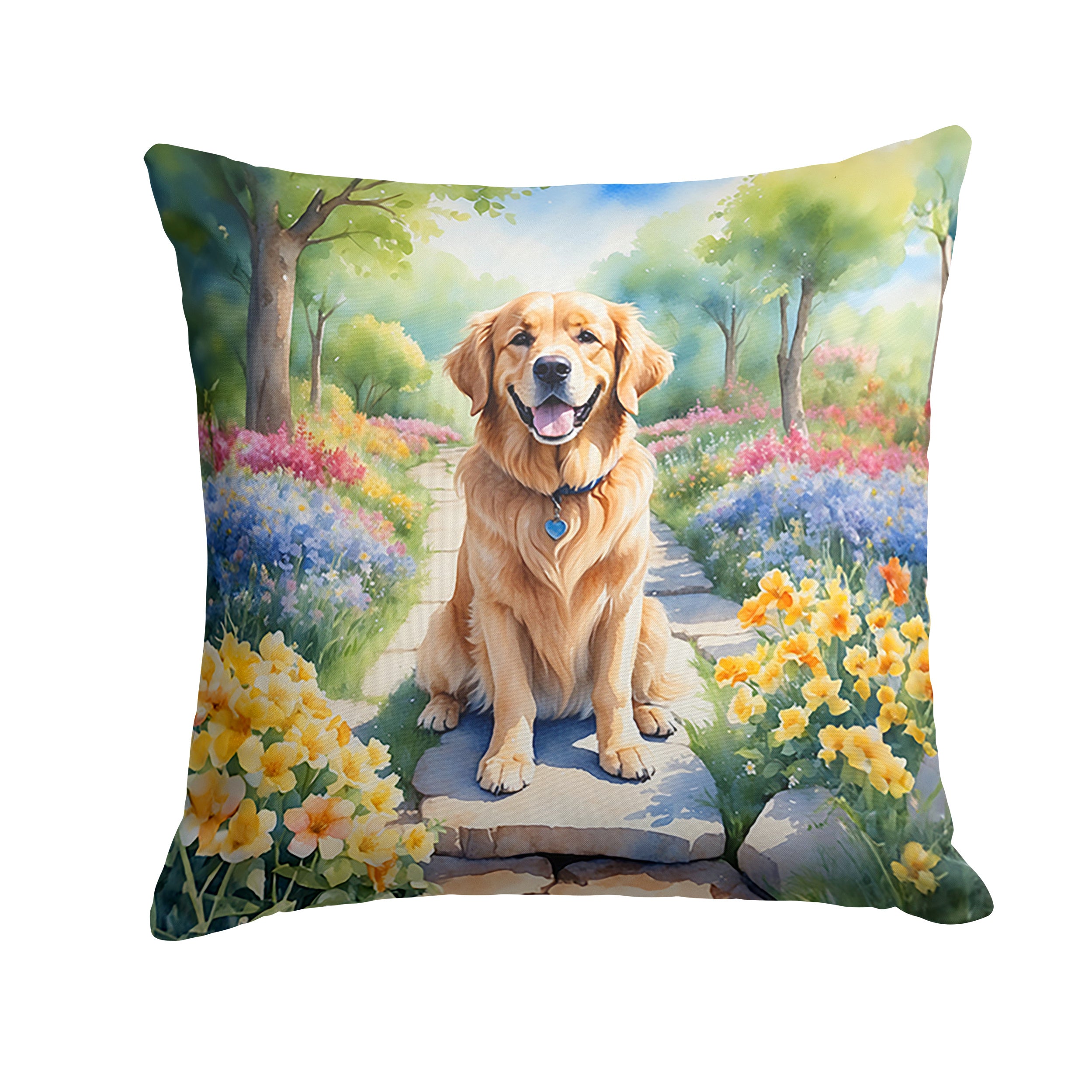 Golden Retriever Spring Path Throw Pillow Machine Washable, Indoor Outdoor Decorative Pillow for Couch, Bed or Patio, 14Hx14W