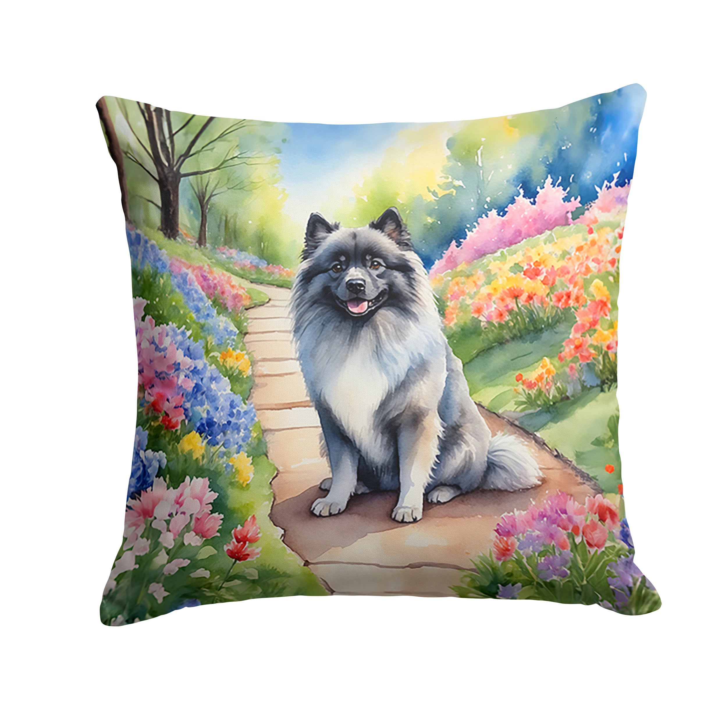 Keeshond Spring Path Throw Pillow Machine Washable, Indoor Outdoor Decorative Pillow for Couch, Bed or Patio, 14Hx14W