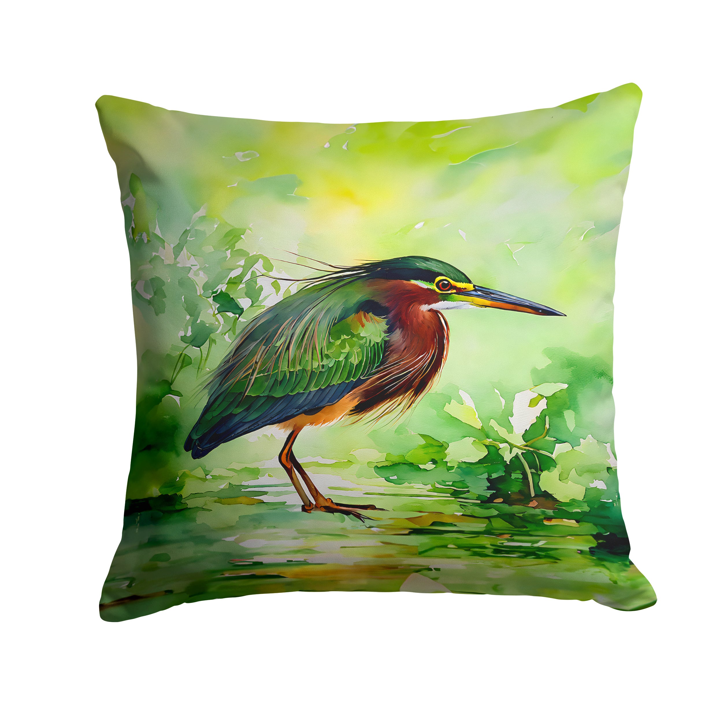 Green Heron Throw Pillow Machine Washable, Indoor Outdoor Decorative Pillow for Couch, Bed or Patio, 14Hx14W