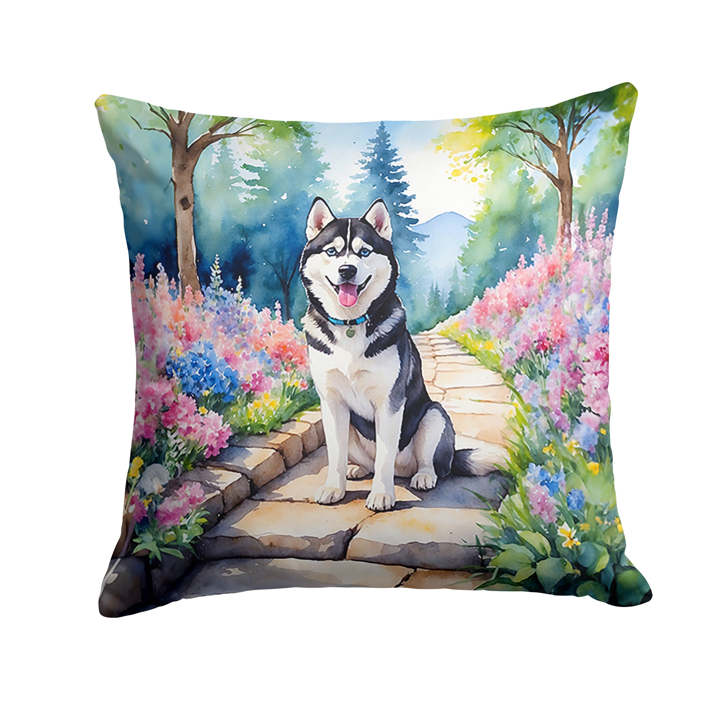 Siberian Husky Spring Path Throw Pillow Machine Washable, Indoor Outdoor Decorative Pillow for Couch, Bed or Patio, 14Hx14W