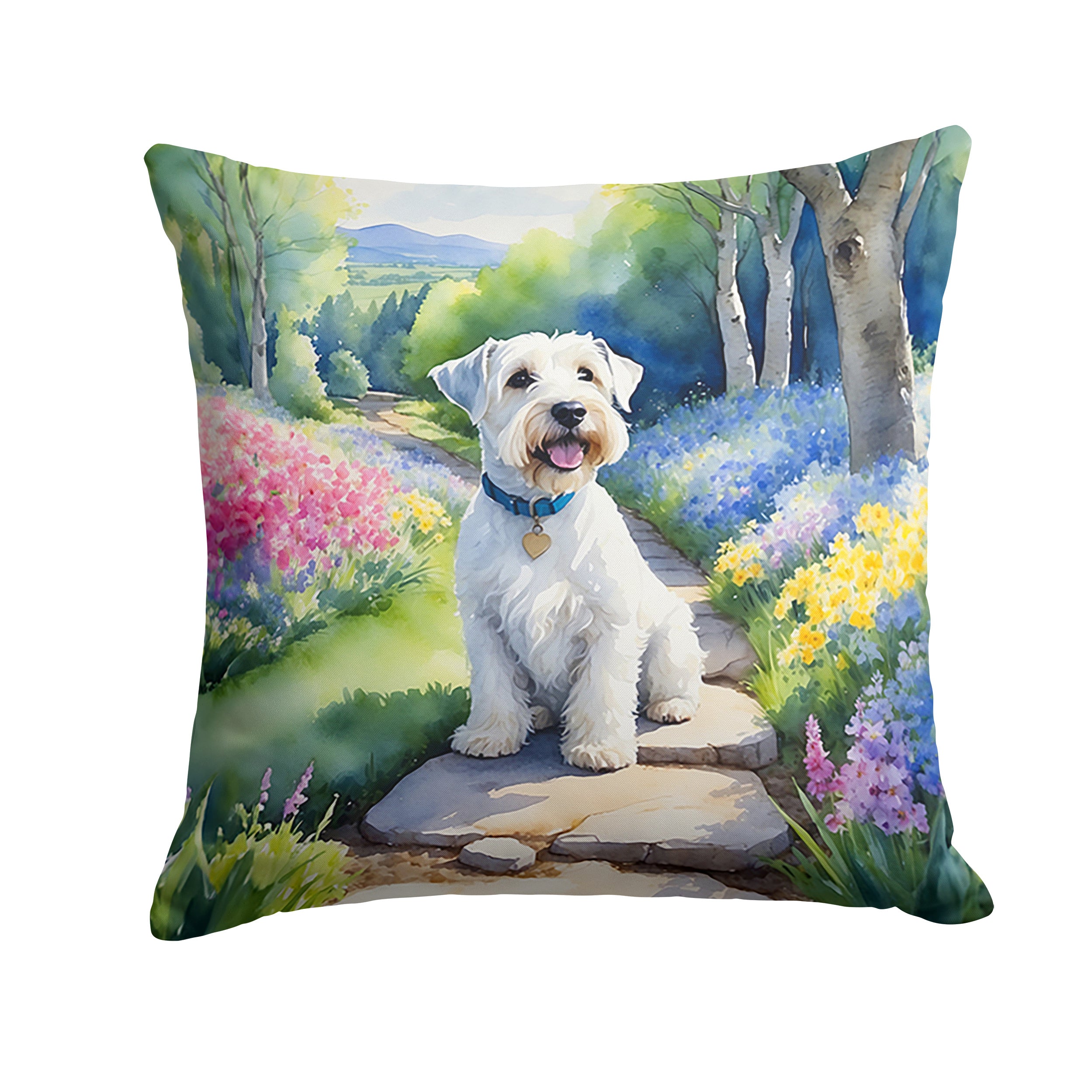 Sealyham Terrier Spring Path Throw Pillow Machine Washable, Indoor Outdoor Decorative Pillow for Couch, Bed or Patio, 14Hx14W