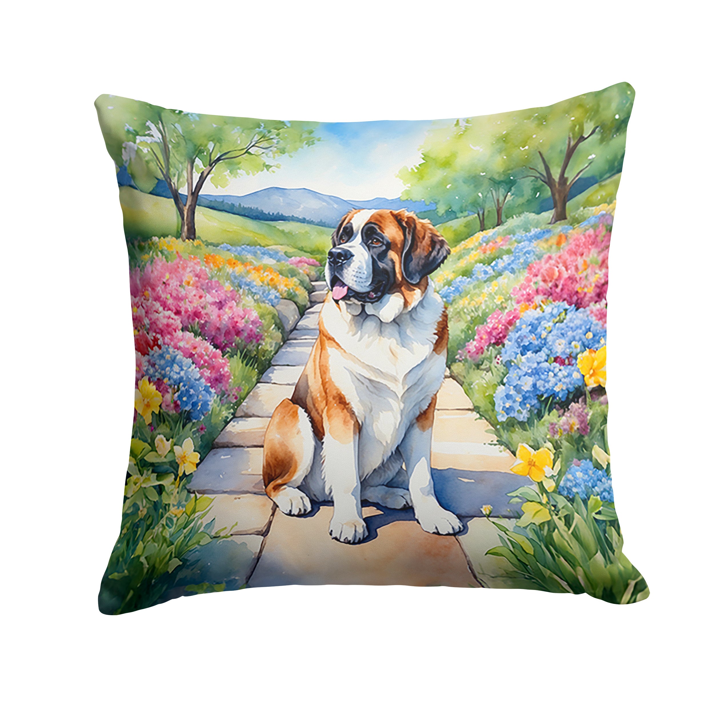 Saint Bernard Spring Path Throw Pillow Machine Washable, Indoor Outdoor Decorative Pillow for Couch, Bed or Patio, 14Hx14W