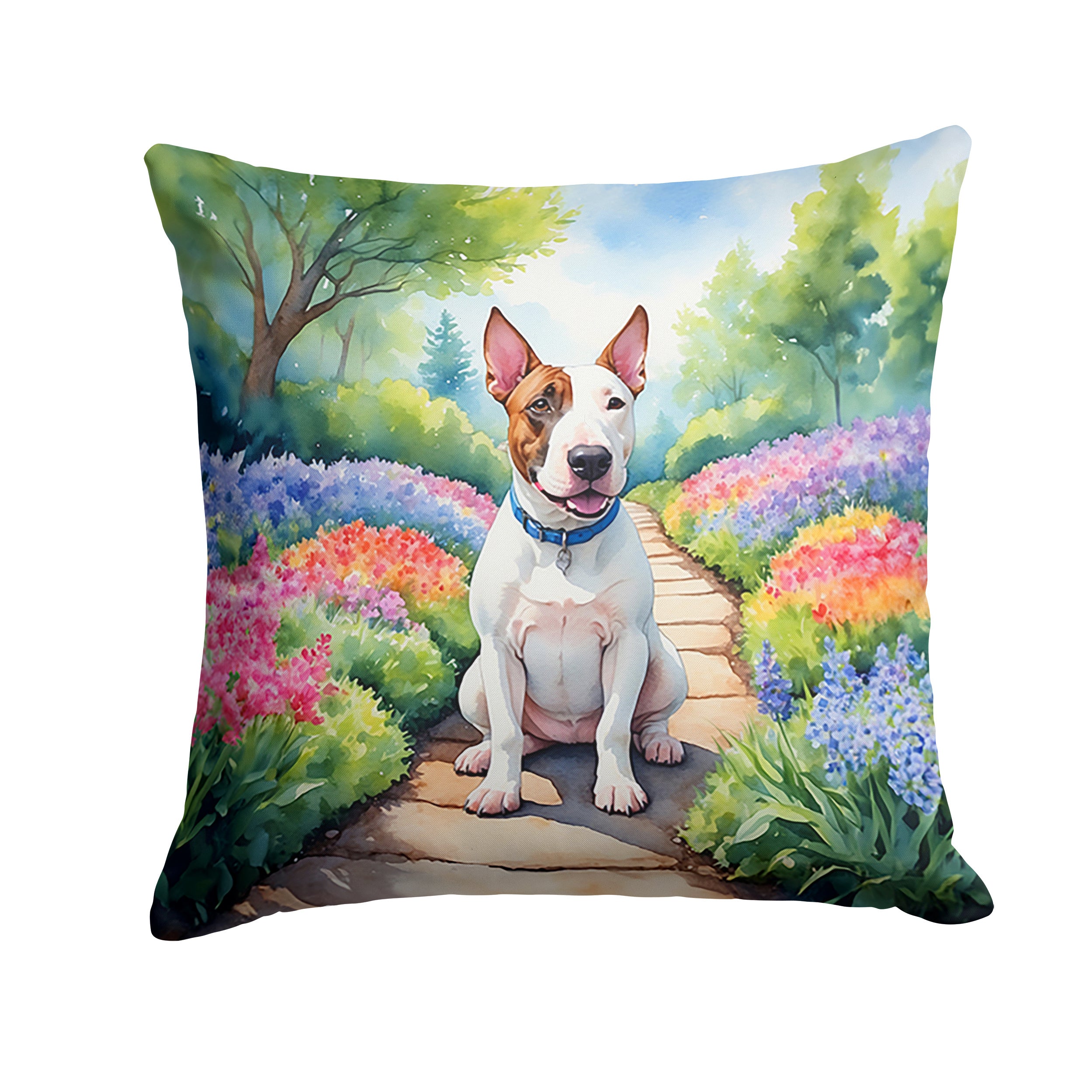 NEW English Bull Terrier Spring Path Throw Pillow Machine Washable, Indoor Outdoor Decorative Pillow for Couch, Bed or Patio, 14Hx14W