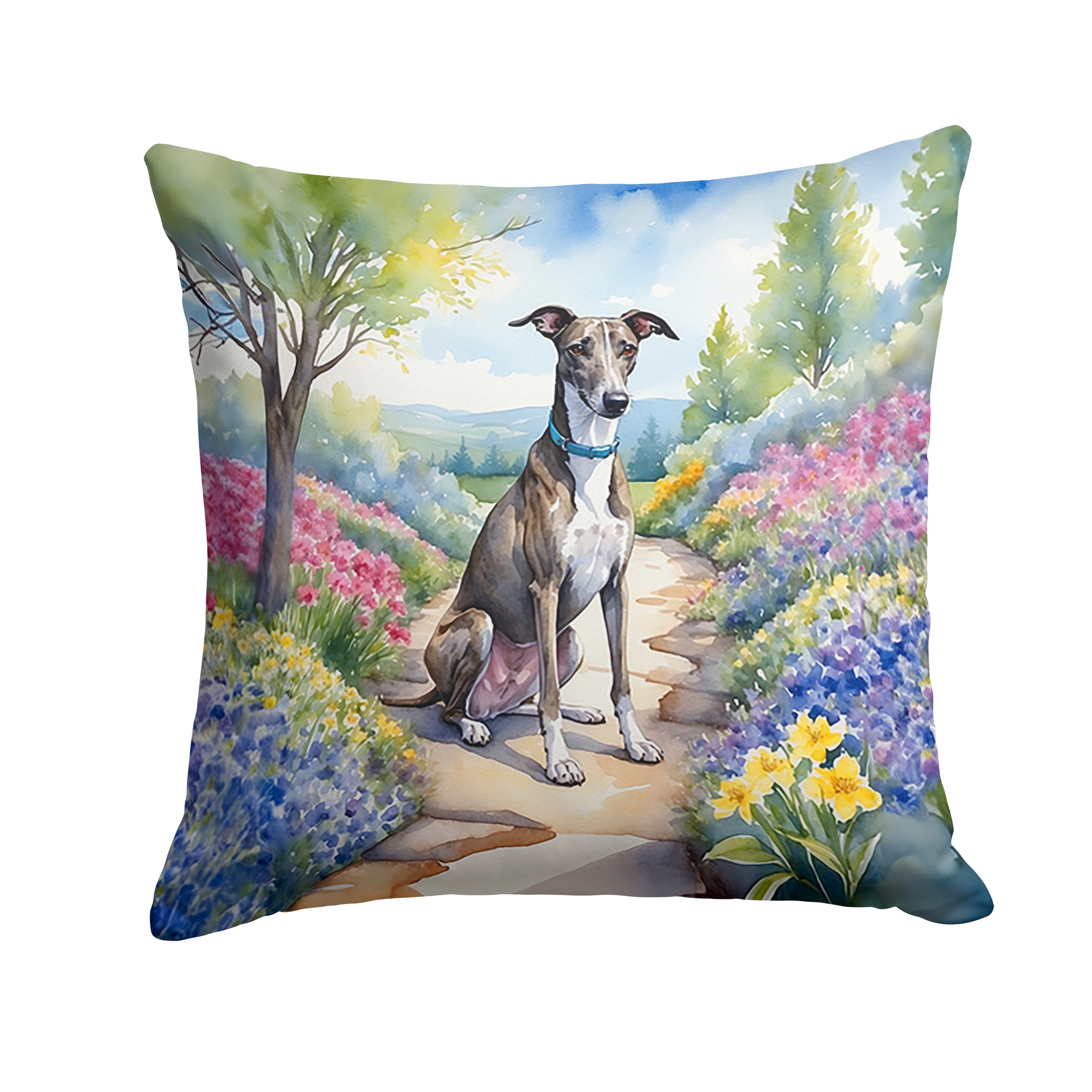 Greyhound Spring Path Throw Pillow Machine Washable, Indoor Outdoor Decorative Pillow for Couch, Bed or Patio, 14Hx14W