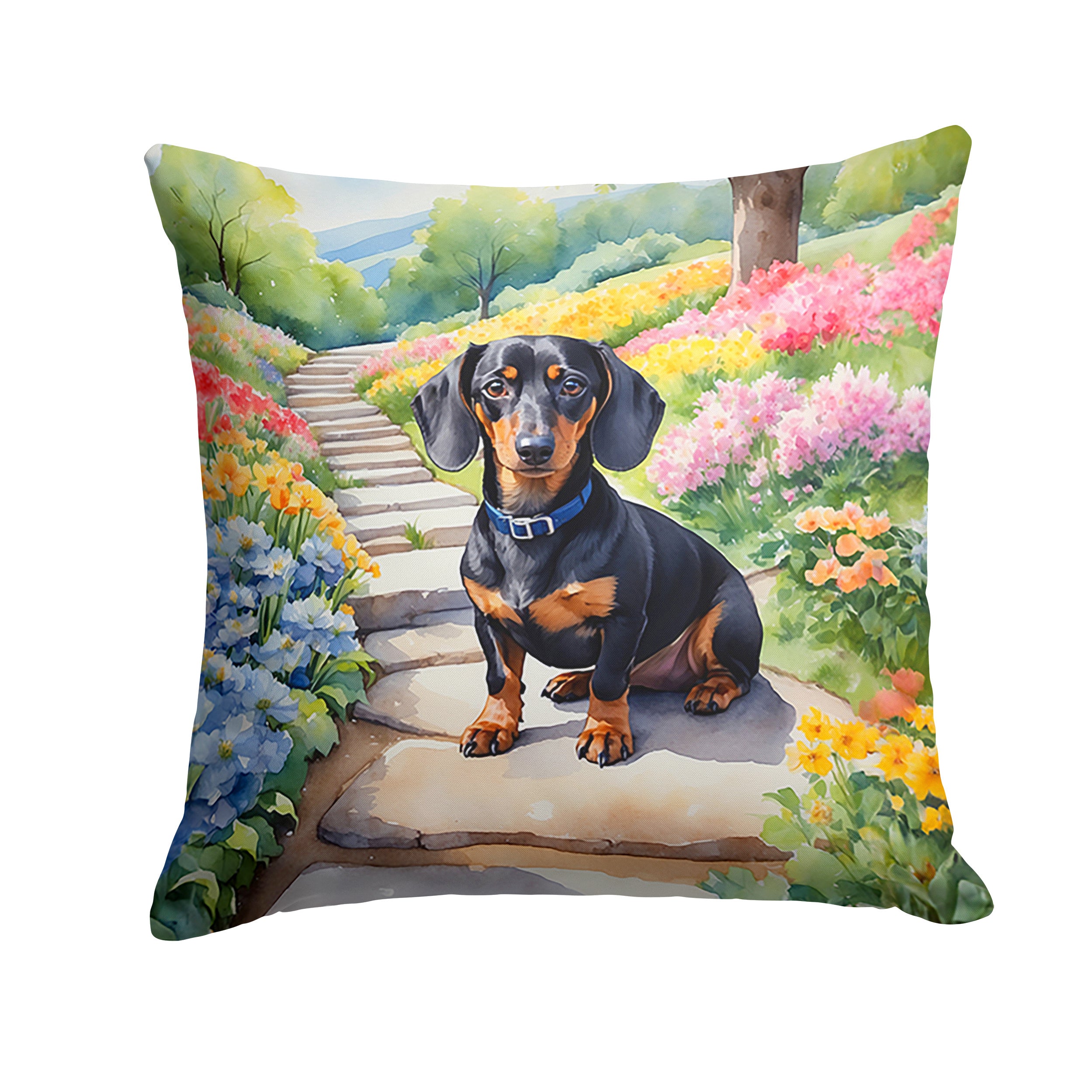 Dachshund Spring Path Throw Pillow Machine Washable, Indoor Outdoor Decorative Pillow for Couch, Bed or Patio, 14Hx14W