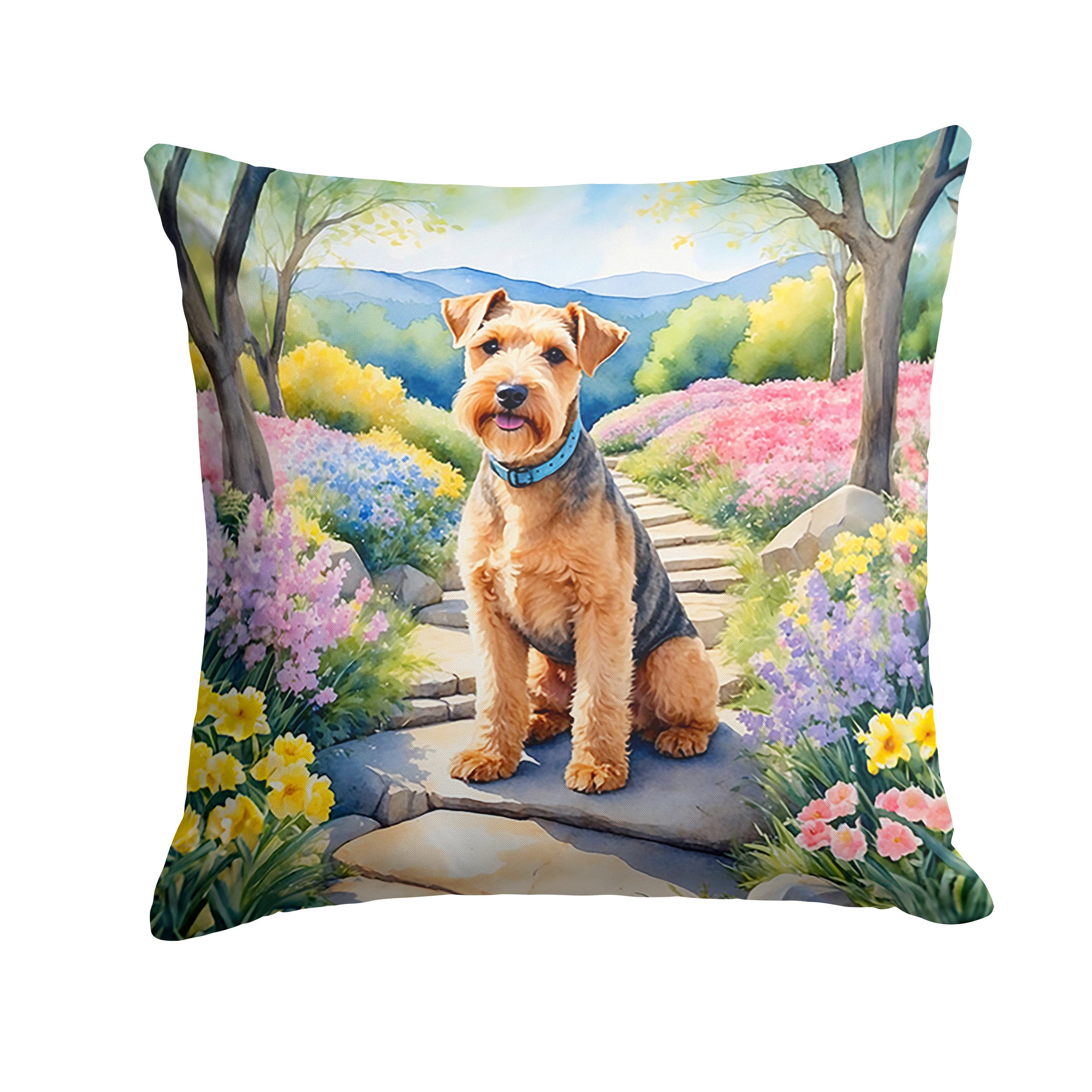 Lakeland Terrier Spring Path Throw Pillow Machine Washable, Indoor Outdoor Decorative Pillow for Couch, Bed or Patio, 14Hx14W