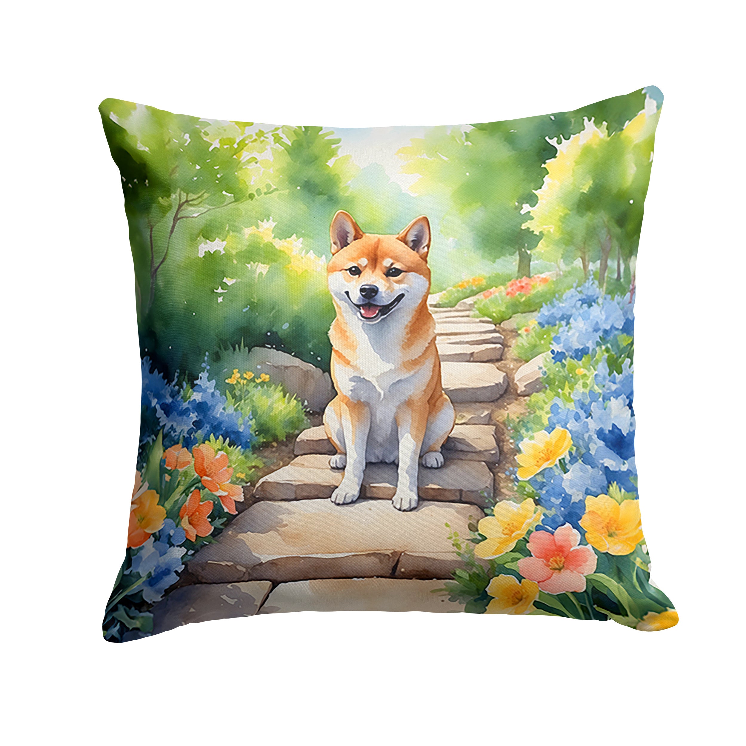 Shiba Inu Spring Path Throw Pillow Machine Washable, Indoor Outdoor Decorative Pillow for Couch, Bed or Patio, 14Hx14W