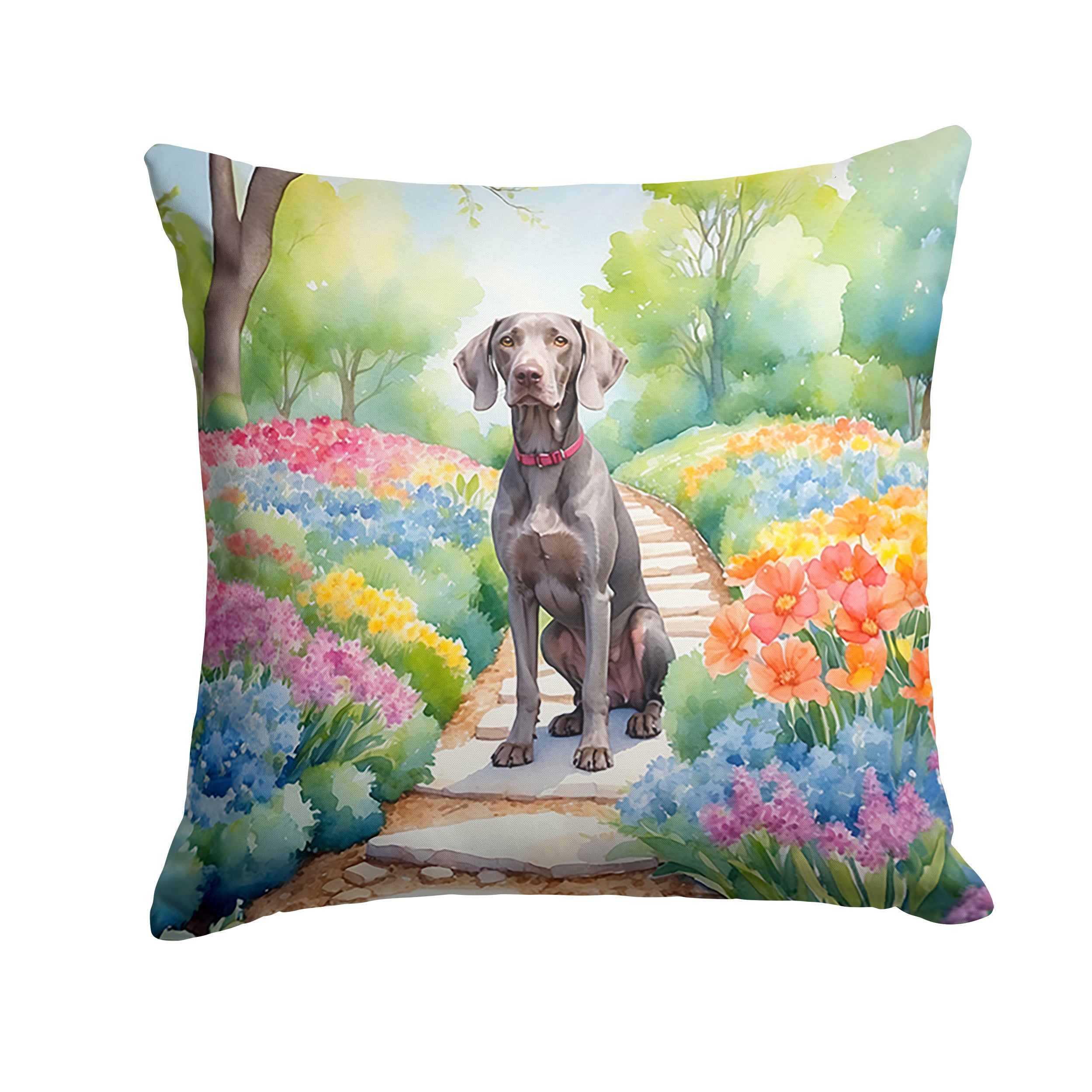 Weimaraner Spring Path Throw Pillow Machine Washable, Indoor Outdoor Decorative Pillow for Couch, Bed or Patio, 14Hx14W