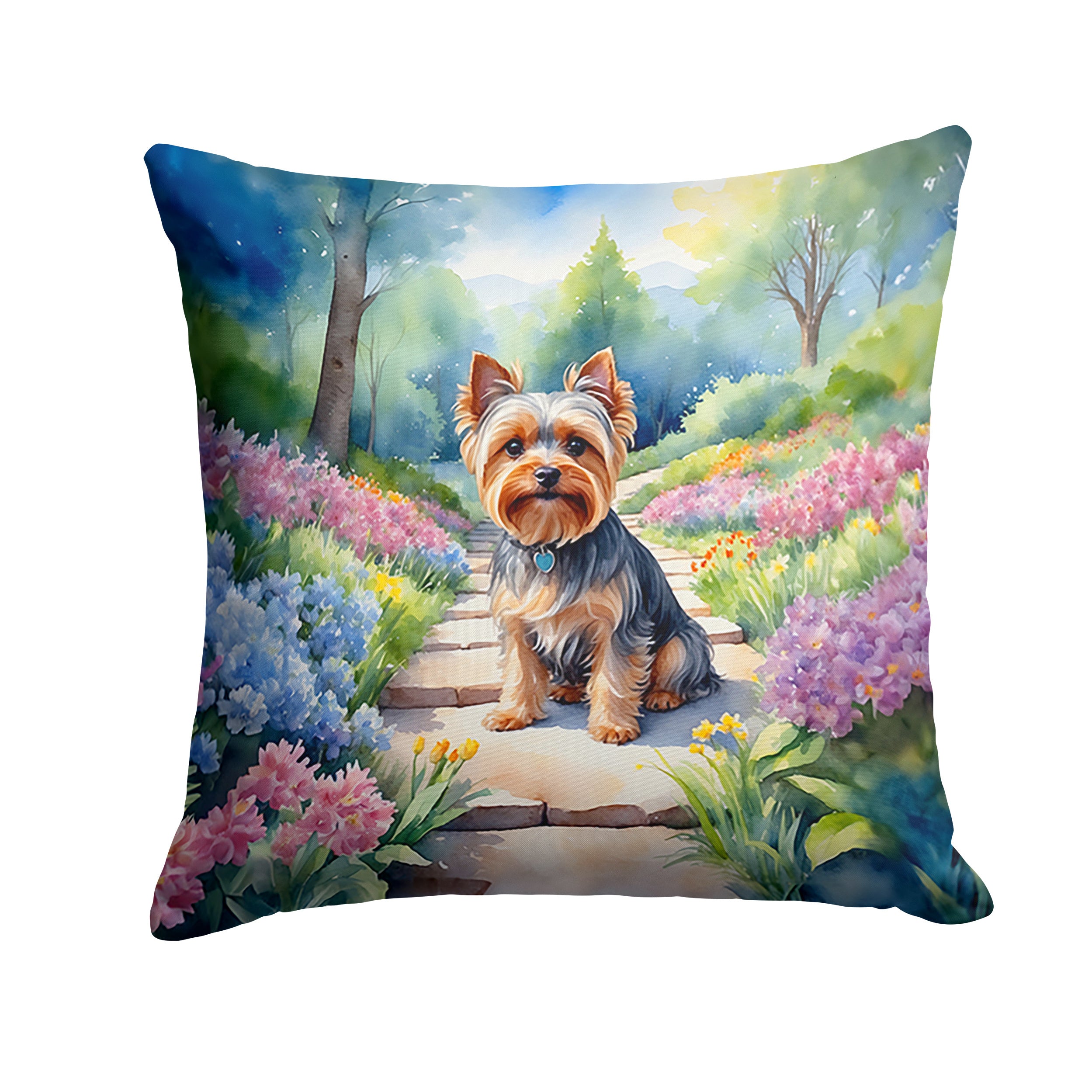 Yorkshire Terrier Spring Path Throw Pillow Machine Washable, Indoor Outdoor Decorative Pillow for Couch, Bed or Patio, 14Hx14W