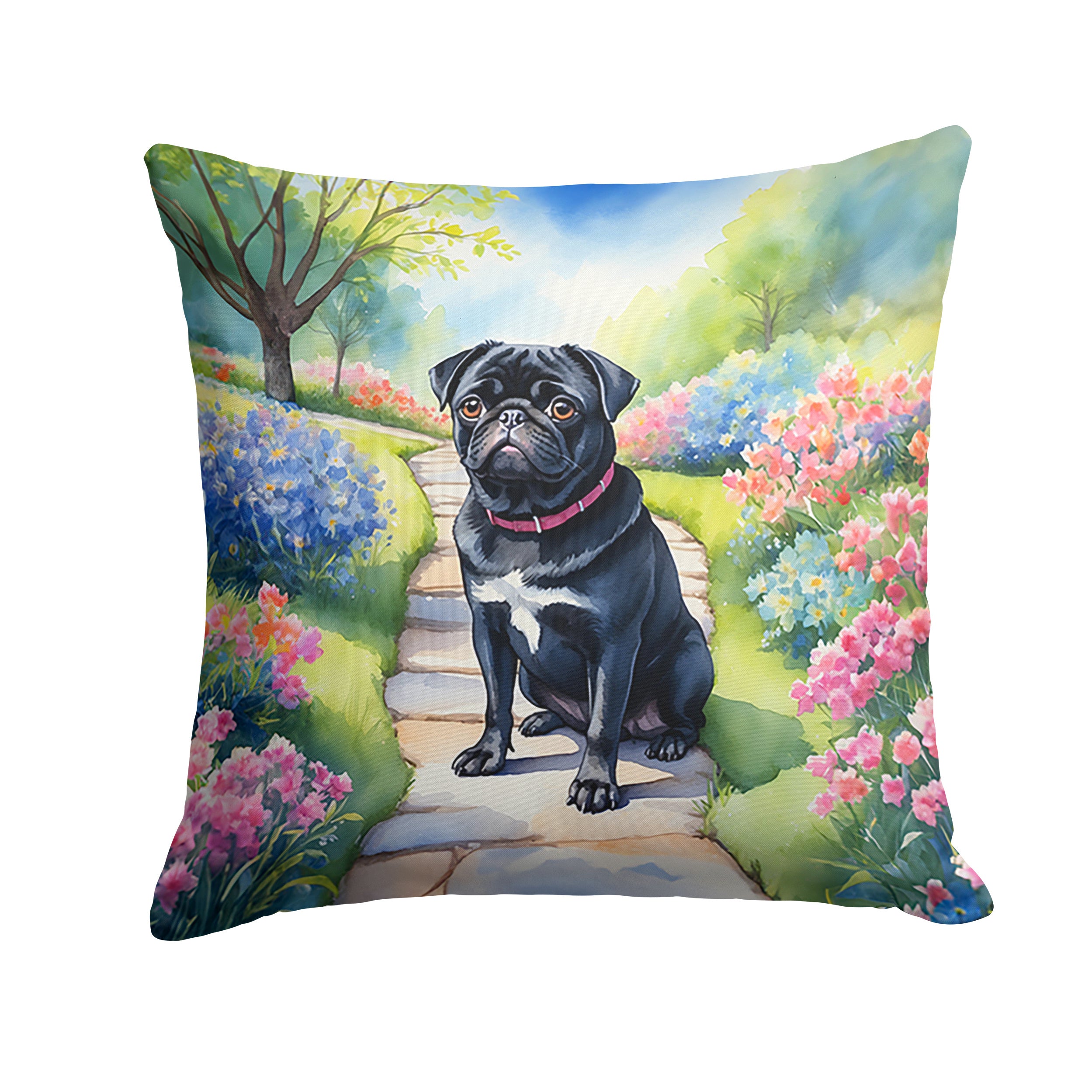 Black Pug Spring Path Throw Pillow Machine Washable, Indoor Outdoor Decorative Pillow for Couch, Bed or Patio, 14Hx14W