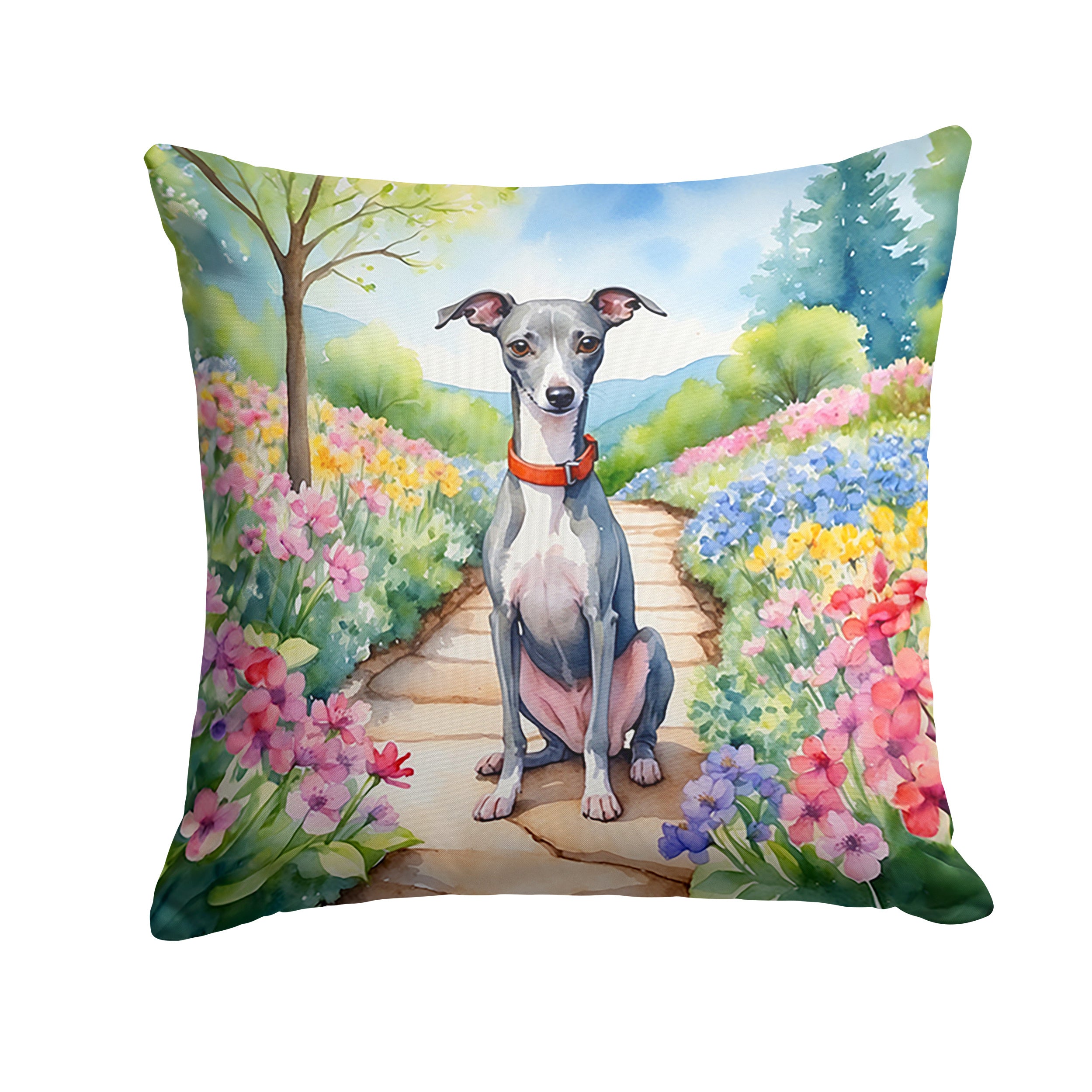 Italian Greyhound Spring Path Throw Pillow Machine Washable, Indoor Outdoor Decorative Pillow for Couch, Bed or Patio, 14Hx14W