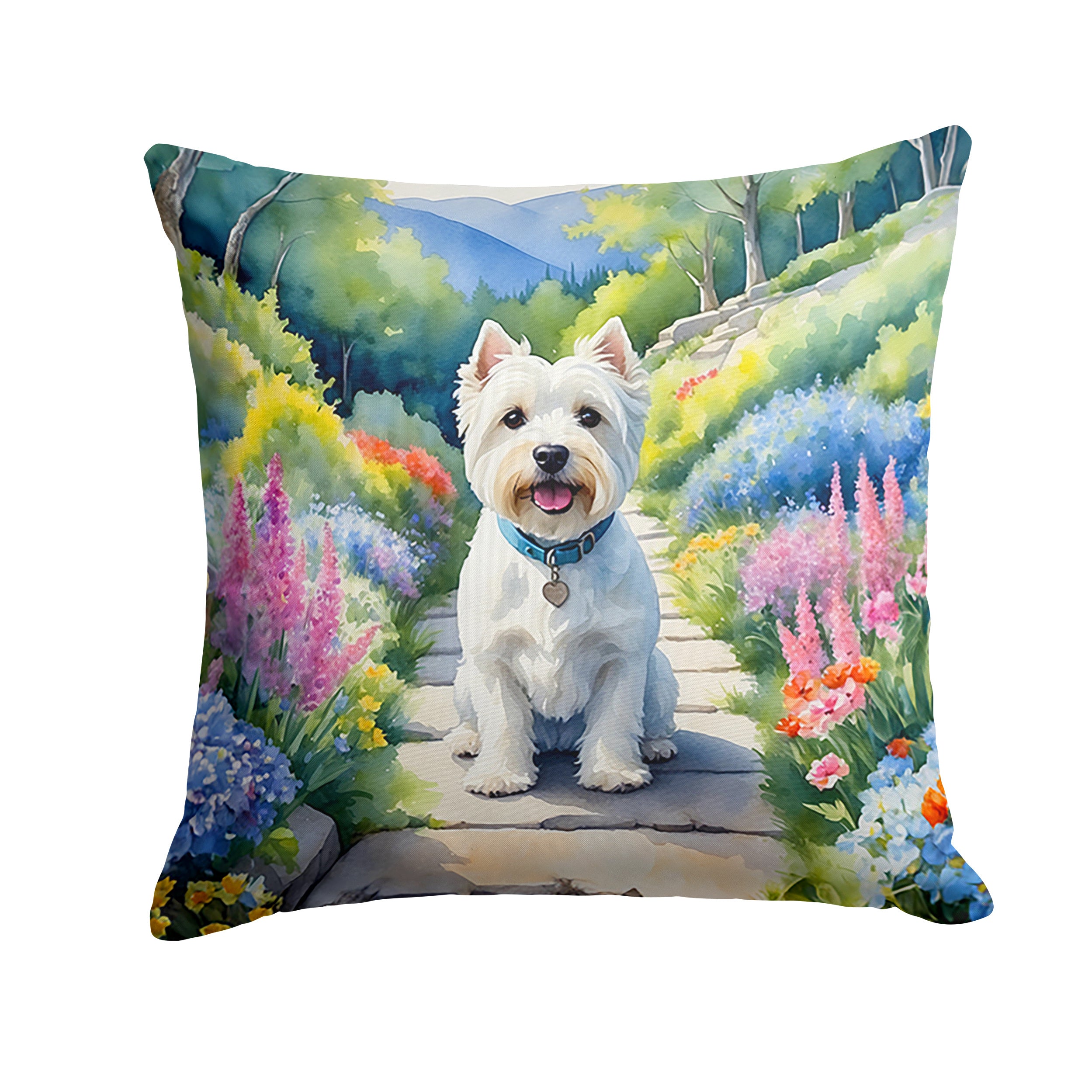 Westie Spring Path Throw Pillow Machine Washable, Indoor Outdoor Decorative Pillow for Couch, Bed or Patio, 14Hx14W