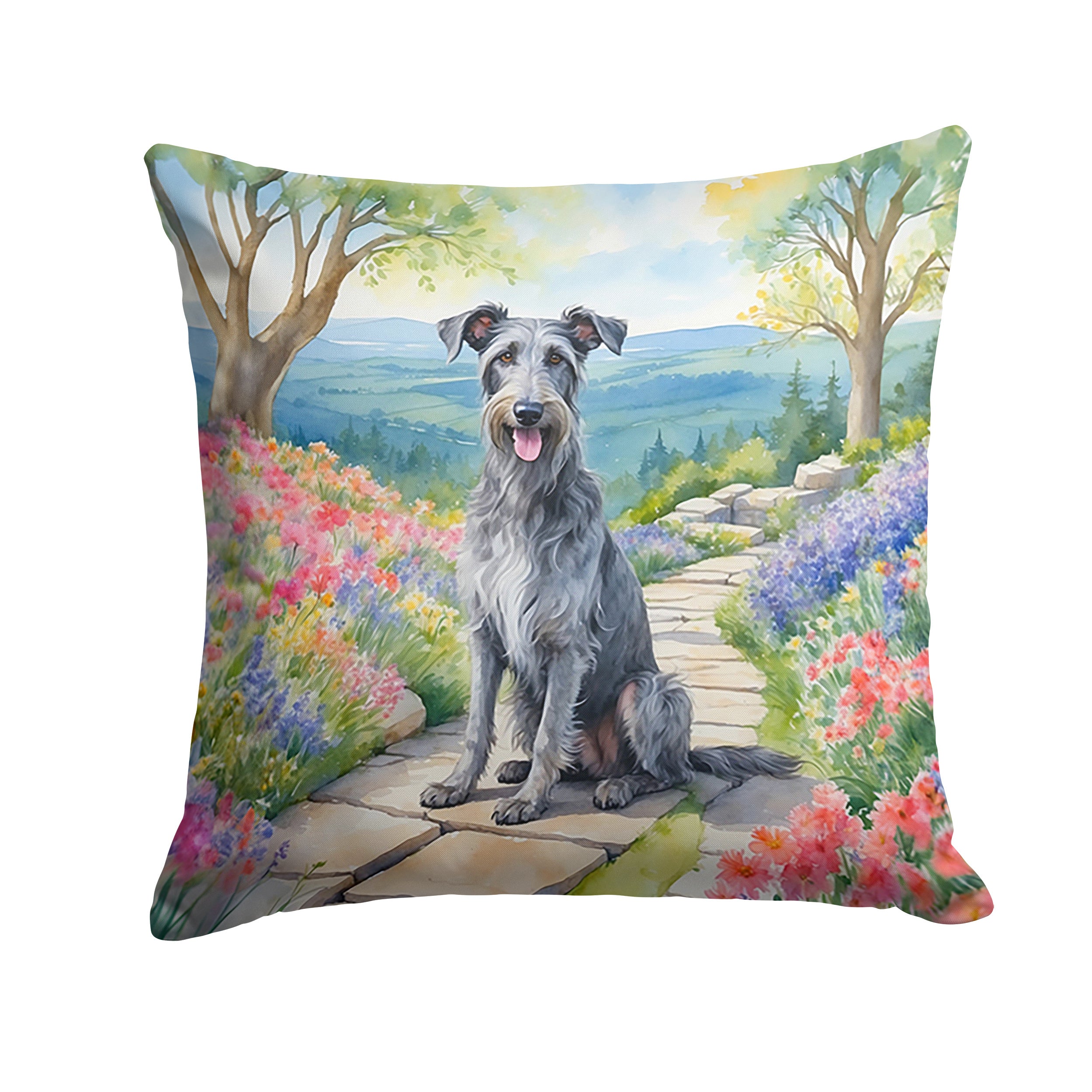 Scottish Deerhound Spring Path Throw Pillow Machine Washable, Indoor Outdoor Decorative Pillow for Couch, Bed or Patio, 14Hx14W