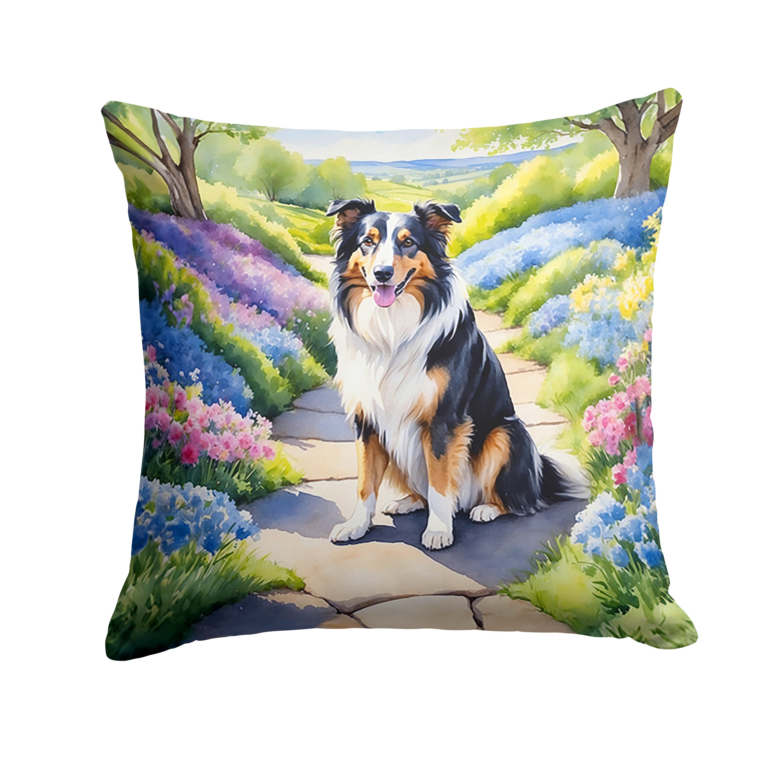 Collie Spring Path Throw Pillow Machine Washable, Indoor Outdoor Decorative Pillow for Couch, Bed or Patio, 14Hx14W