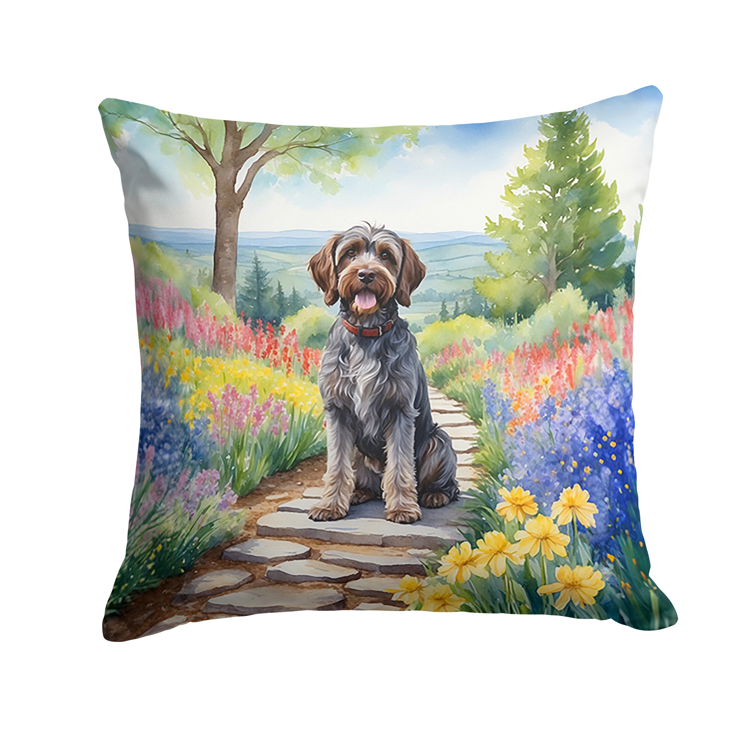 Wirehaired Pointing Griffon Spring Path Throw Pillow Machine Washable, Indoor Outdoor Decorative Pillow for Couch, Bed or Patio, 14Hx14W