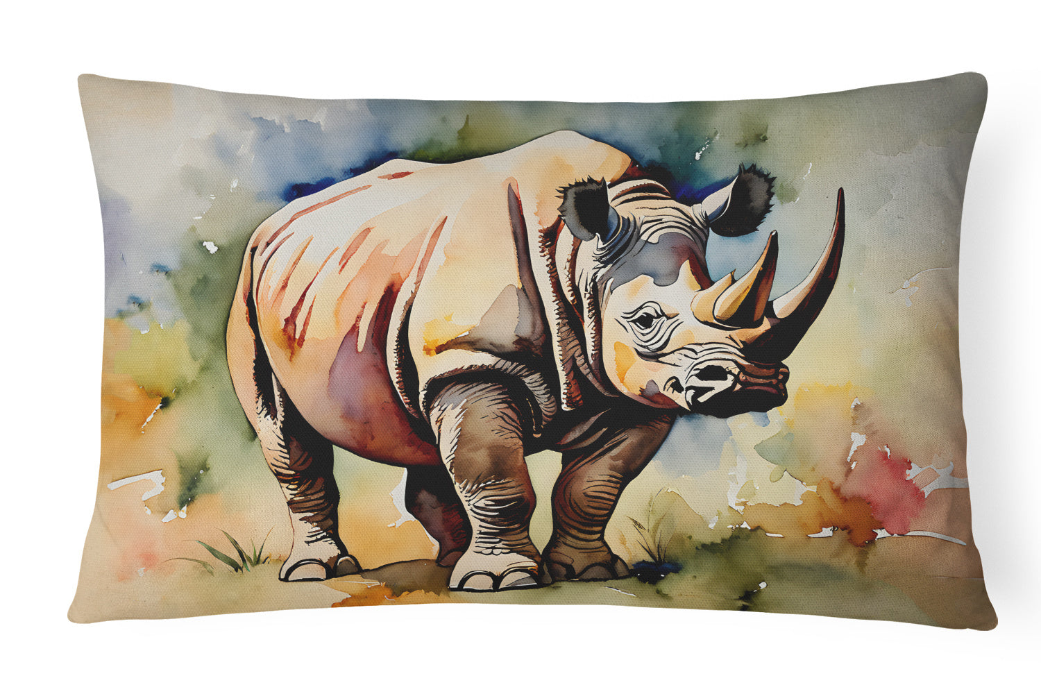 NEW Watercolor Wildlife Throw Pillow Throw Pillow for Indoor Couch Bed Outdoor Patio Washable, Rhinoceros 2984,12Hx16W