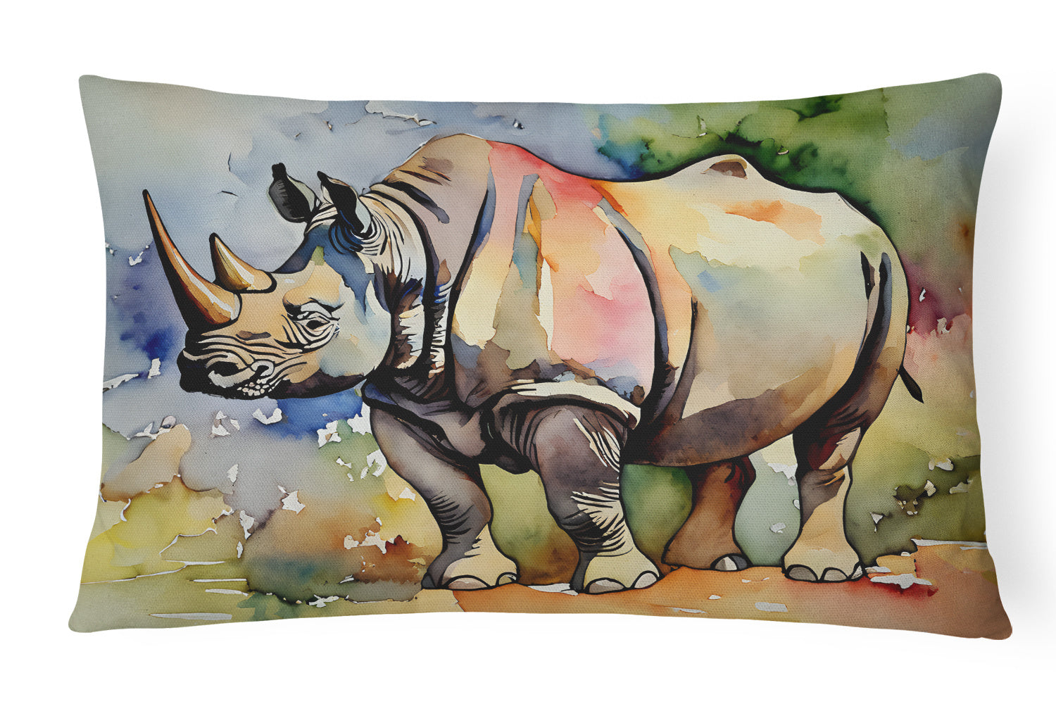 NEW Watercolor Wildlife Throw Pillow Throw Pillow for Indoor Couch Bed Outdoor Patio Washable, Rhinoceros 2985,12Hx16W