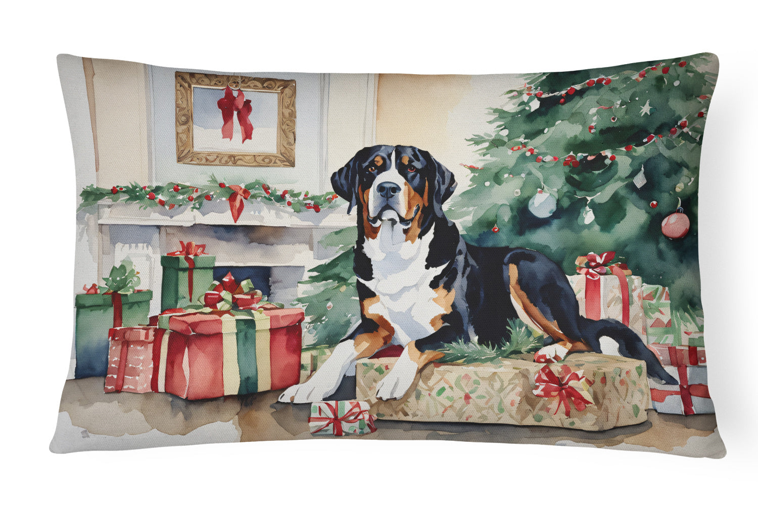 Cozy Christmas Throw Pillow Throw Pillow for Indoor Couch Bed Outdoor Patio Washable, Greater Swiss Mountain Dog 2673,12Hx16W