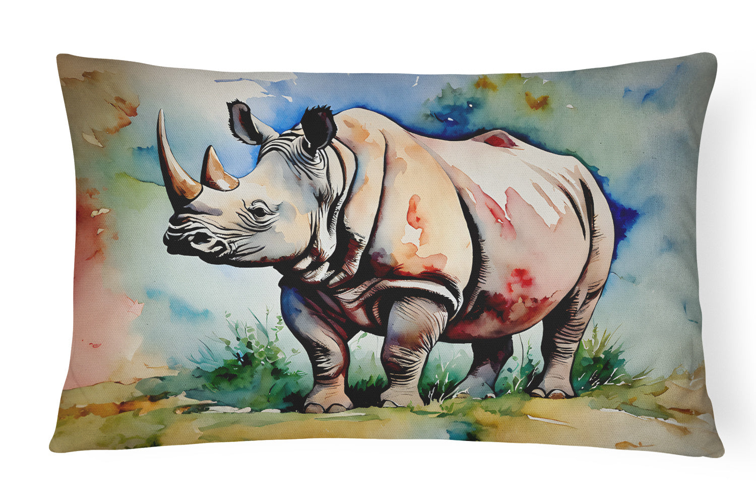 NEW Watercolor Wildlife Throw Pillow Throw Pillow for Indoor Couch Bed Outdoor Patio Washable, Rhinoceros 2981,12Hx16W