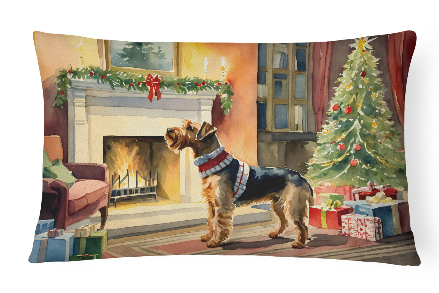 Cozy Christmas Throw Pillow Throw Pillow for Indoor Couch Bed Outdoor Patio Washable, Airedale Terrier 2589,12Hx16W