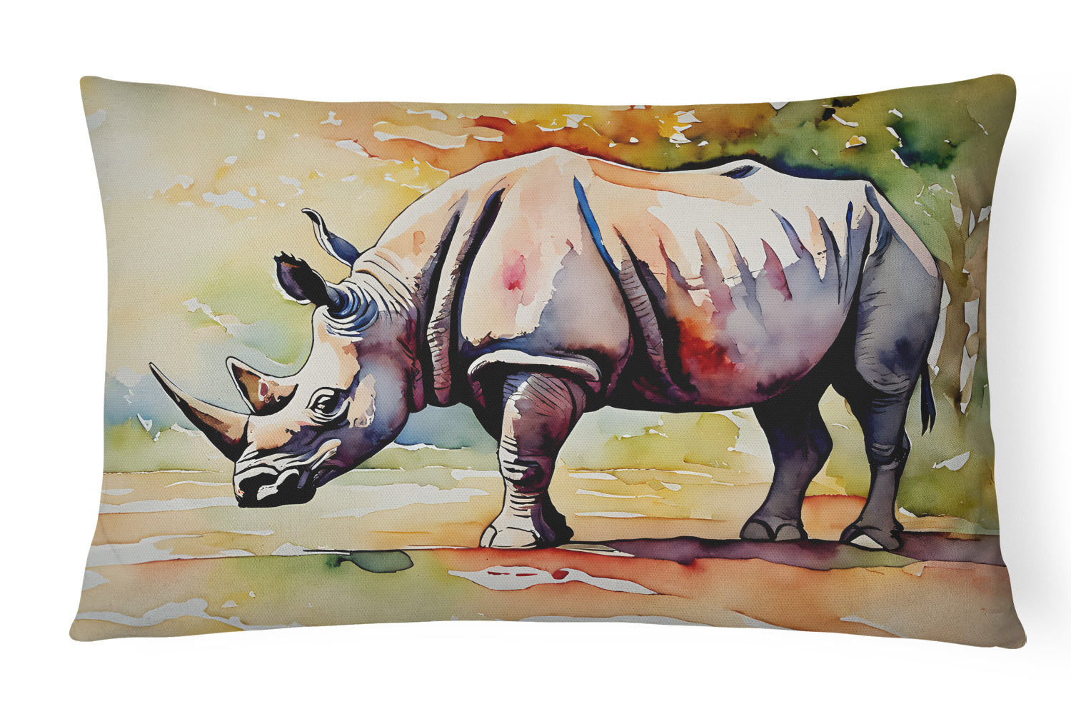 NEW Watercolor Wildlife Throw Pillow Throw Pillow for Indoor Couch Bed Outdoor Patio Washable, Rhinoceros 2980,12Hx16W