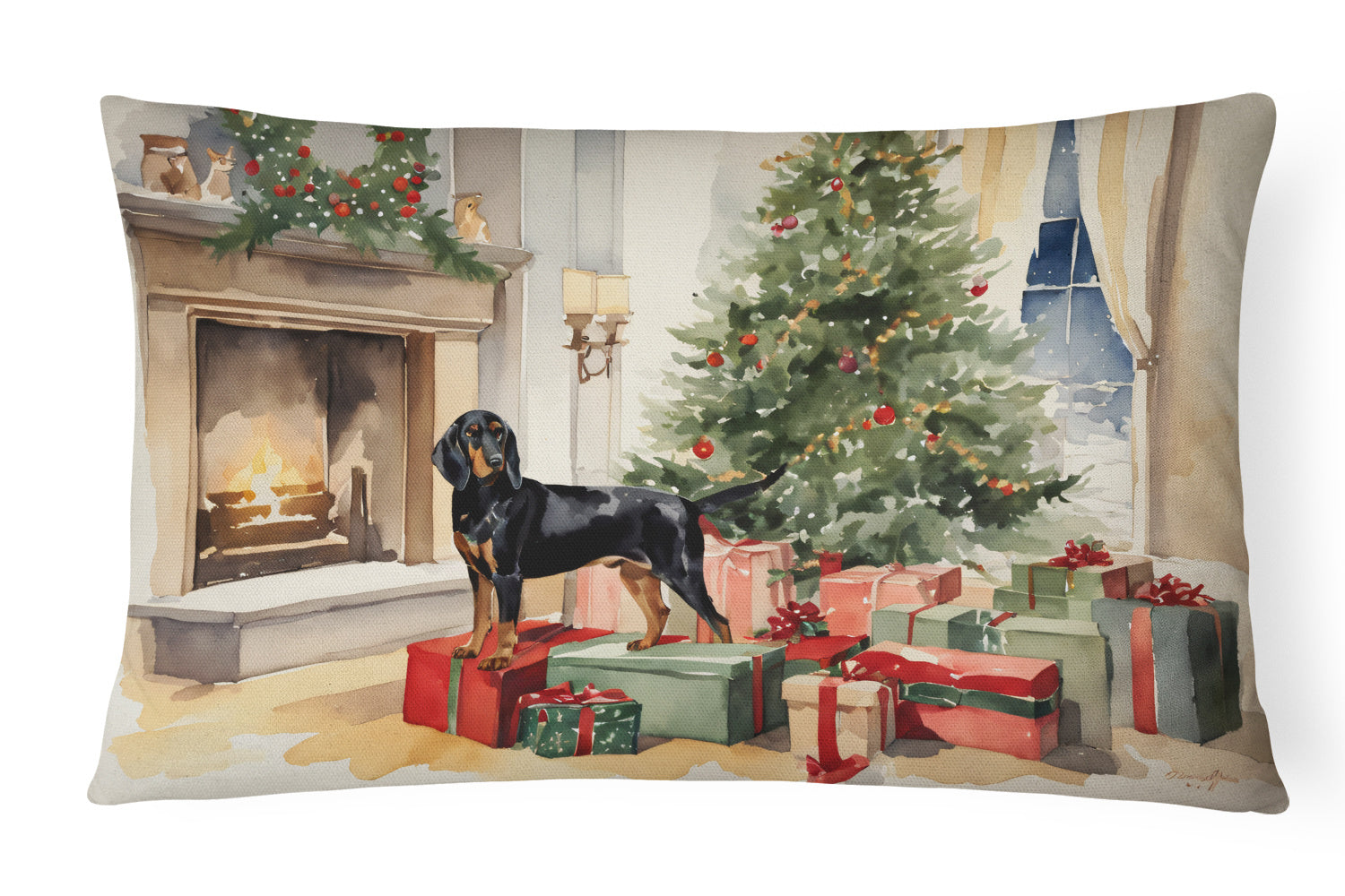 Cozy Christmas Throw Pillow Throw Pillow for Indoor Couch Bed Outdoor Patio Washable, Black and Tan Coonhound 2612,12Hx16W