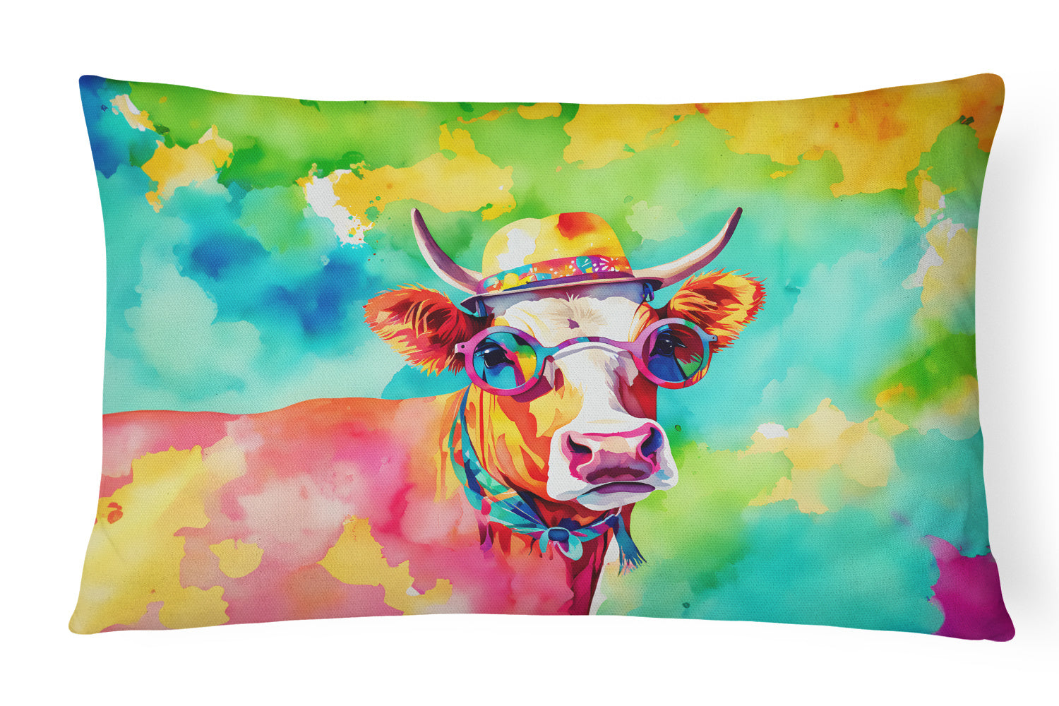 Hippie Animals Throw Pillow Throw Pillow for Indoor Couch Bed Outdoor Patio Washable, Malvi Cow 4008,12Hx16W