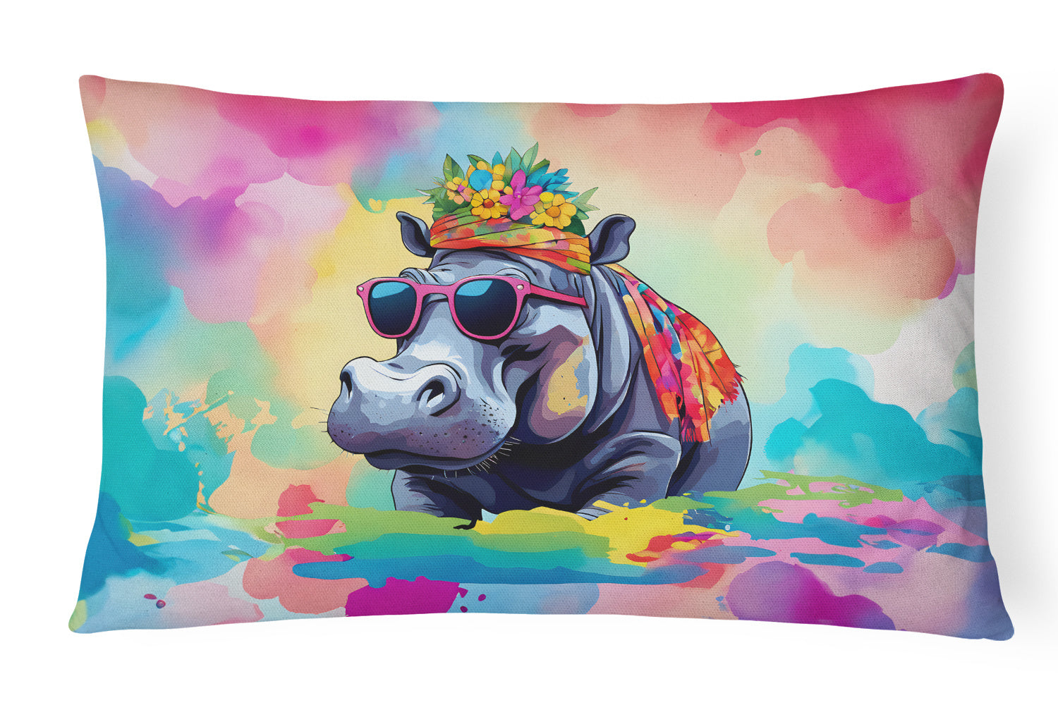 Hippie Animals Throw Pillow Throw Pillow for Indoor Couch Bed Outdoor Patio Washable, Hippopotamus 3993,12Hx16W