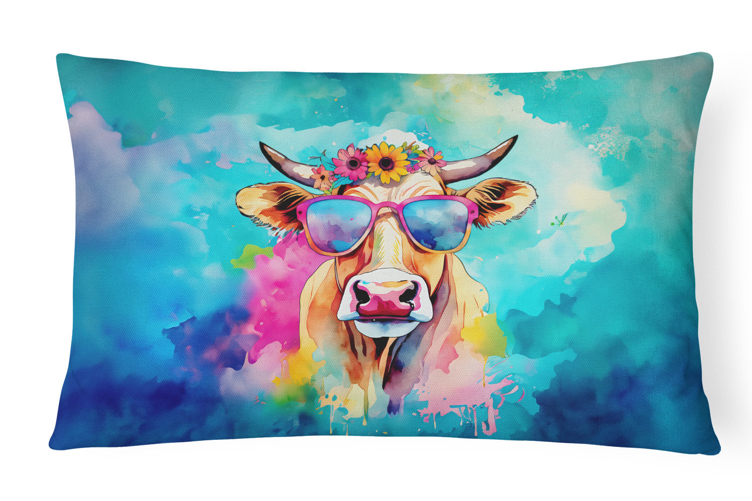 Hippie Animals Throw Pillow Throw Pillow for Indoor Couch Bed Outdoor Patio Washable, Malvi Cow 4007,12Hx16W