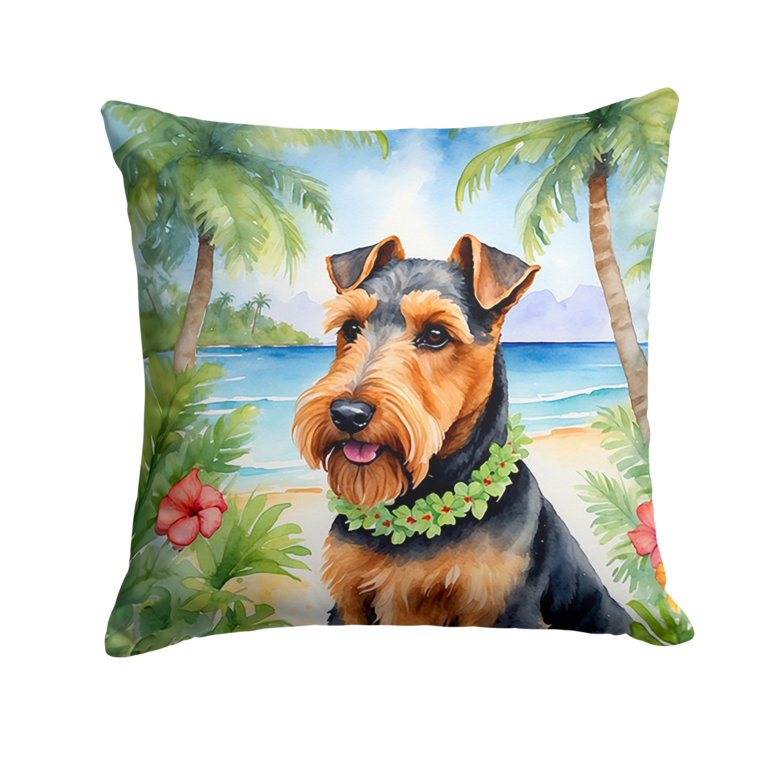 Welsh Terrier Luau Throw Pillow Machine Washable, Indoor Outdoor Decorative Pillow for Couch, Bed or Patio, 14Hx14W