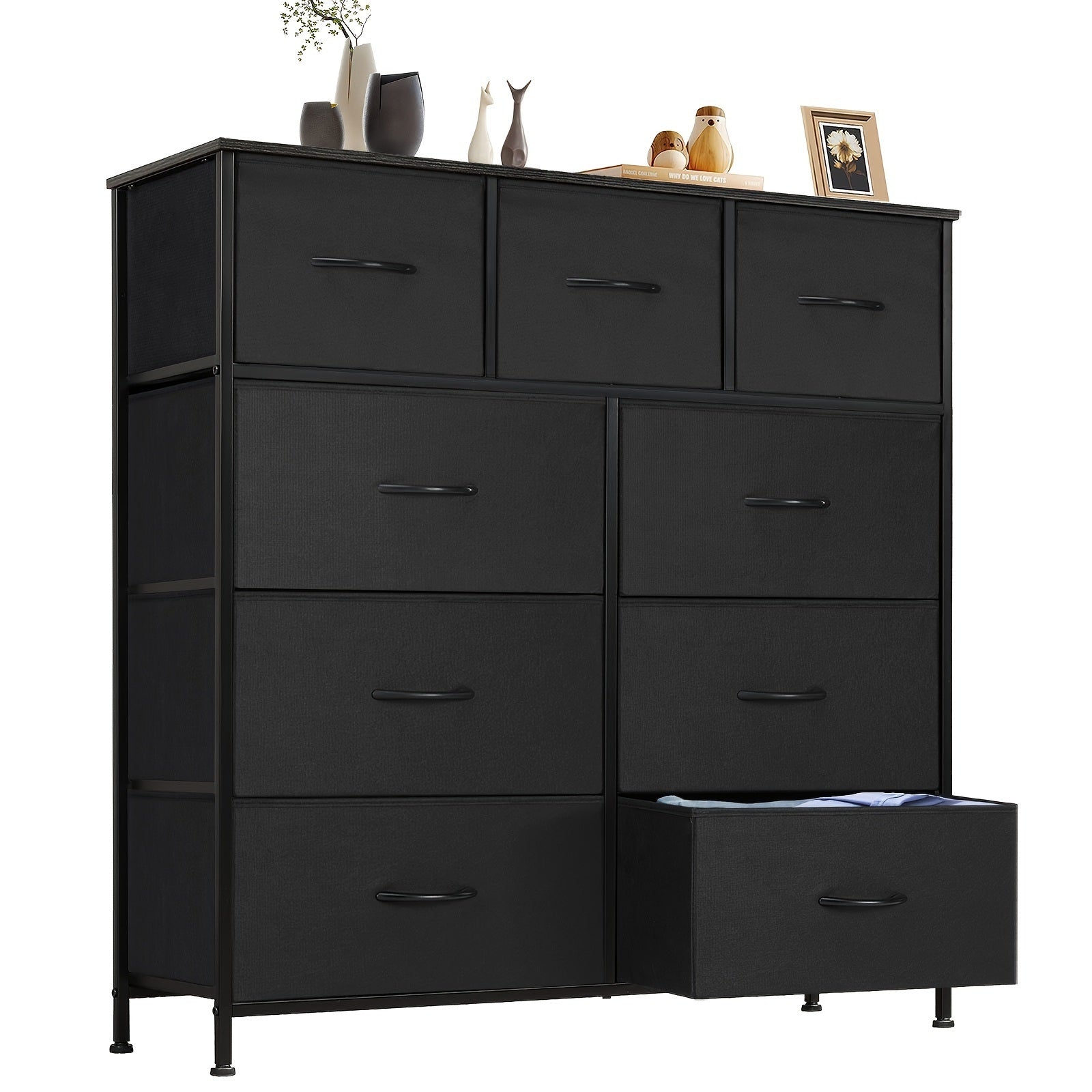 Dresser for Bedroom with 9 Fabric Drawers, Tall Chest Organizer Units for Clothing, Closet, Storage Tower with Cabinet, Metal Frame, Wooden Top, Lightweight Nursery Furniture