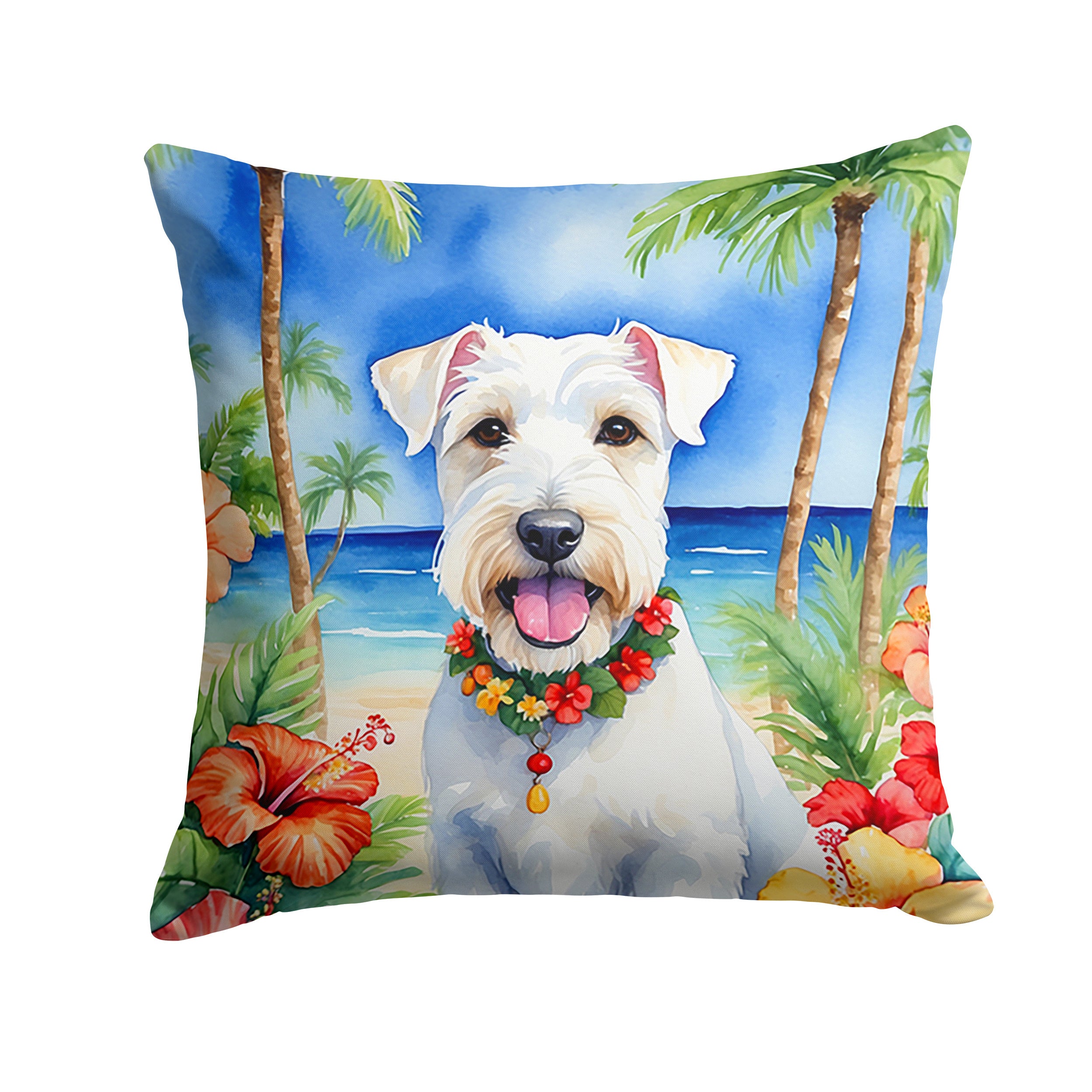 Sealyham Terrier Luau Throw Pillow Machine Washable, Indoor Outdoor Decorative Pillow for Couch, Bed or Patio, 14Hx14W