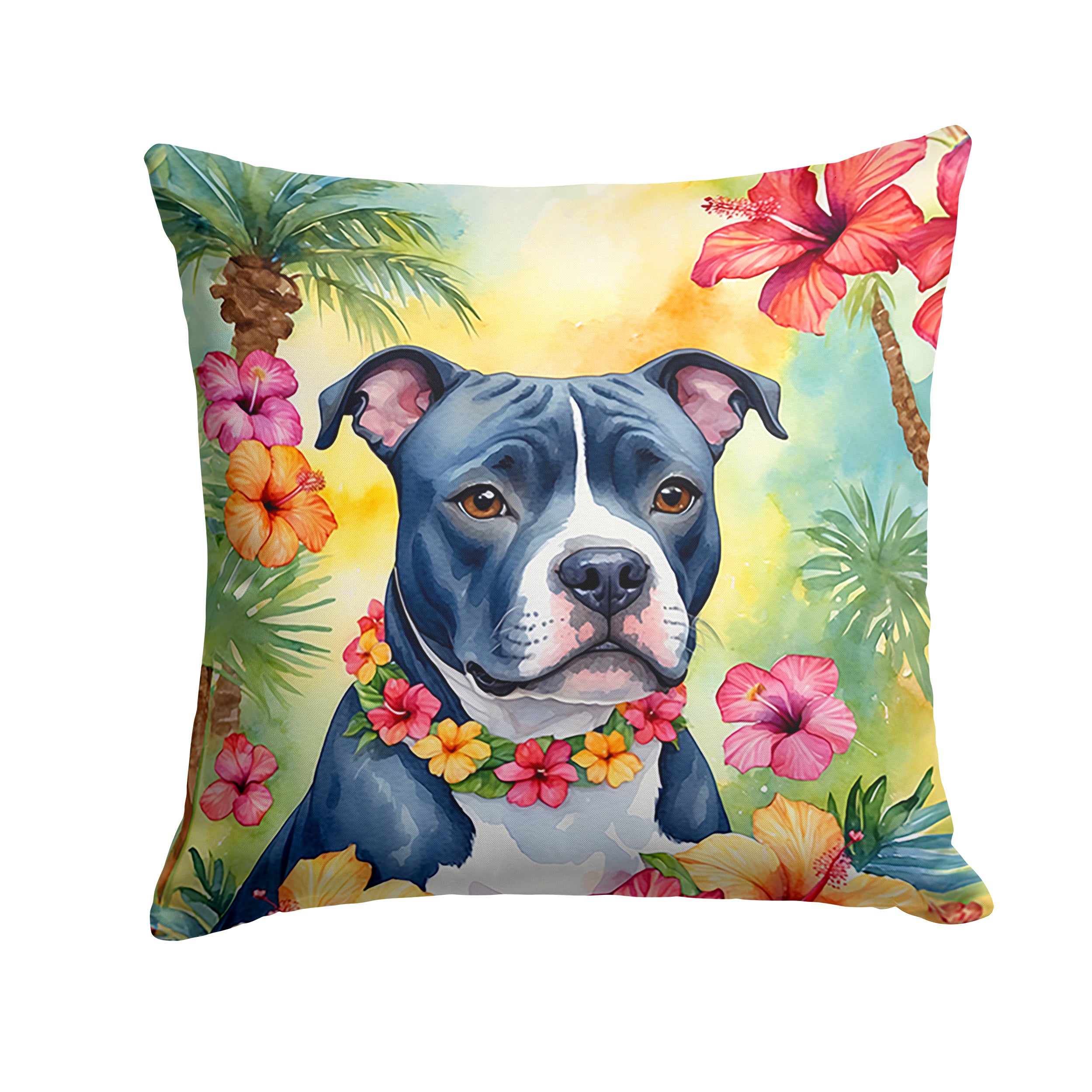 NEW Staffordshire Bull Terrier Luau Throw Pillow Machine Washable, Indoor Outdoor Decorative Pillow for Couch, Bed or Patio, 14Hx14W