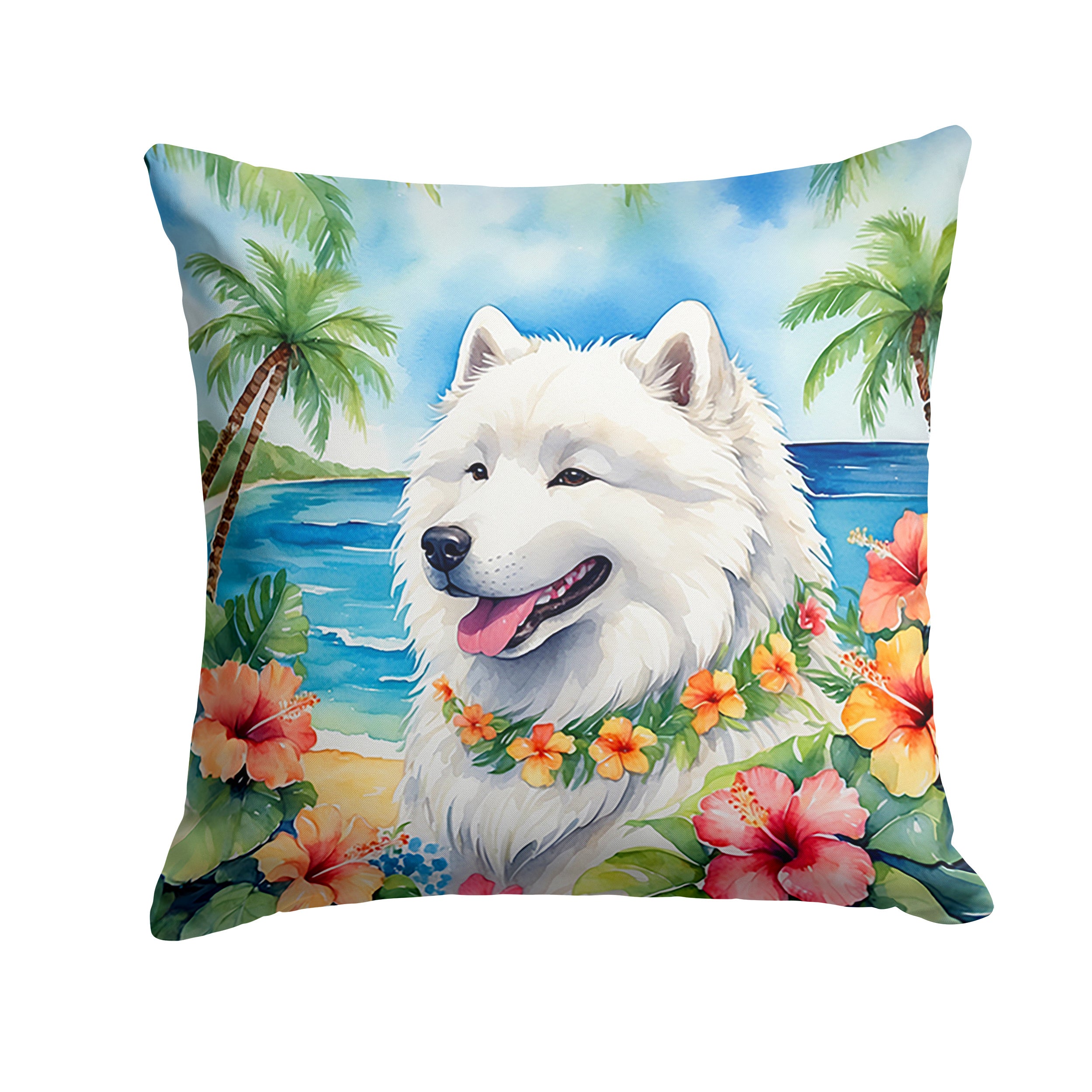 Samoyed Luau Throw Pillow Machine Washable, Indoor Outdoor Decorative Pillow for Couch, Bed or Patio, 14Hx14W