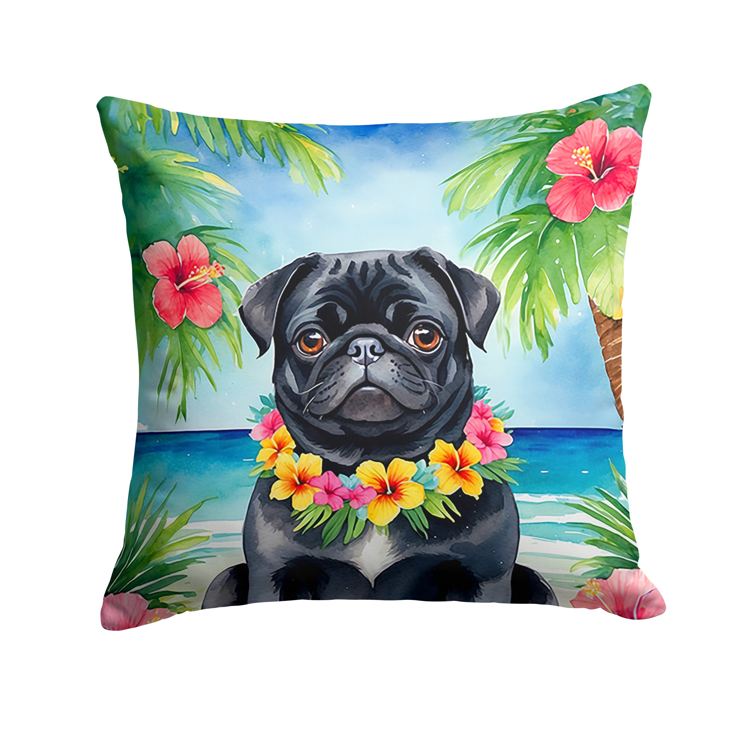 Black Pug Luau Throw Pillow Machine Washable, Indoor Outdoor Decorative Pillow for Couch, Bed or Patio, 14Hx14W