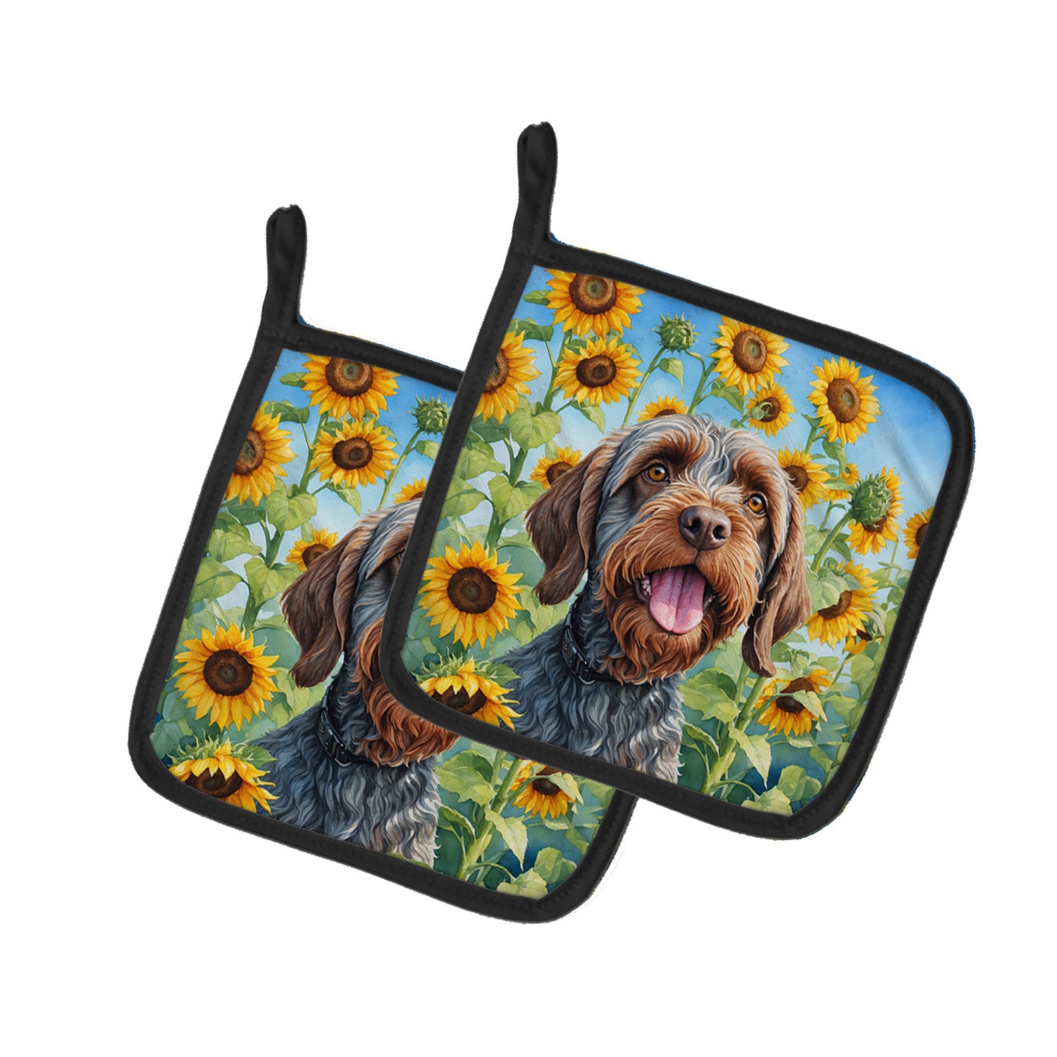 Wirehaired Pointing Griffon in Sunflowers Pair of Pot Holders Kitchen Heat Resistant Pot Holders Sets Oven Hot Pads for Cooking Baking BBQ, 7 1/2 x 7 1/2