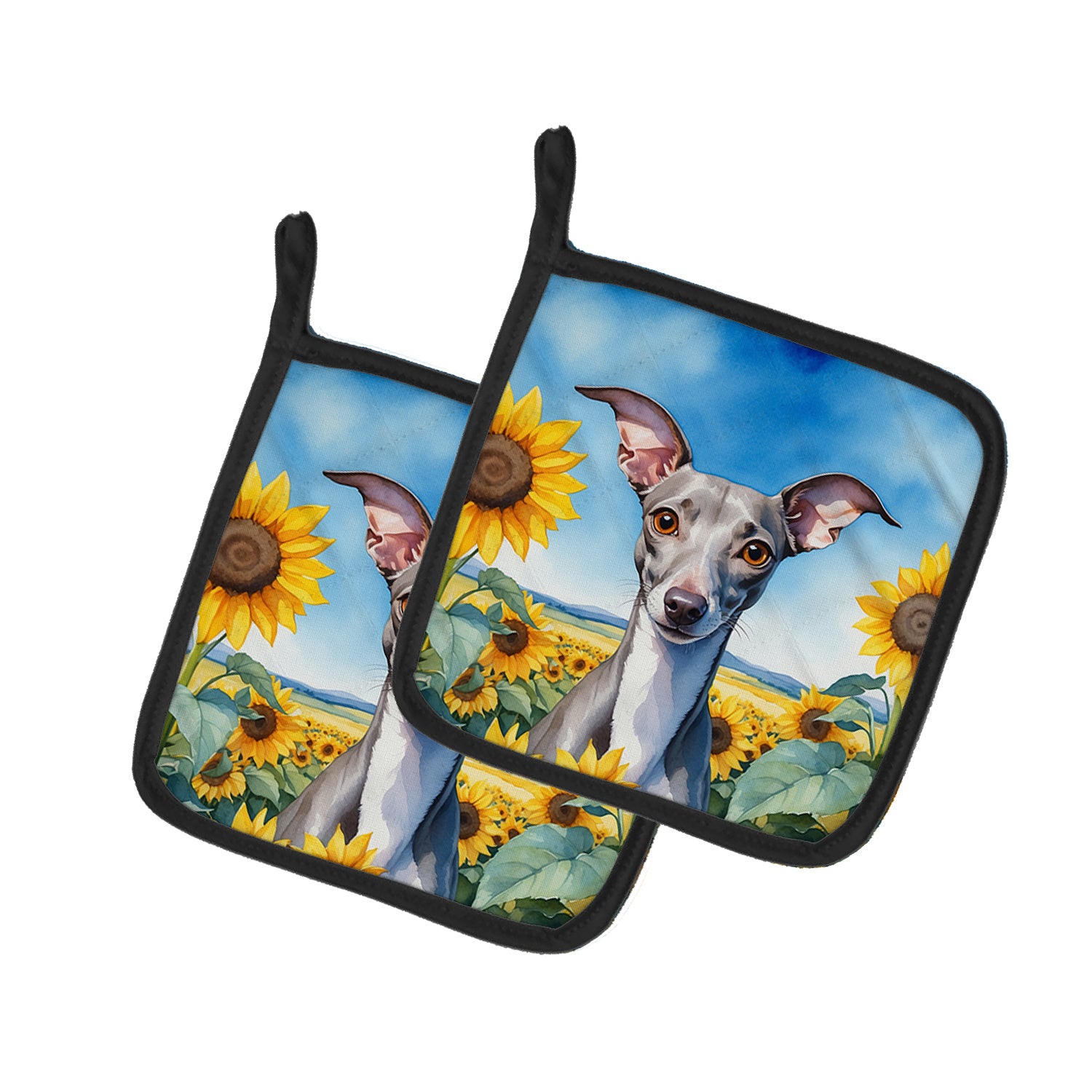 Italian Greyhound in Sunflowers Pair of Pot Holders Kitchen Heat Resistant Pot Holders Sets Oven Hot Pads for Cooking Baking BBQ, 7 1/2 x 7 1/2