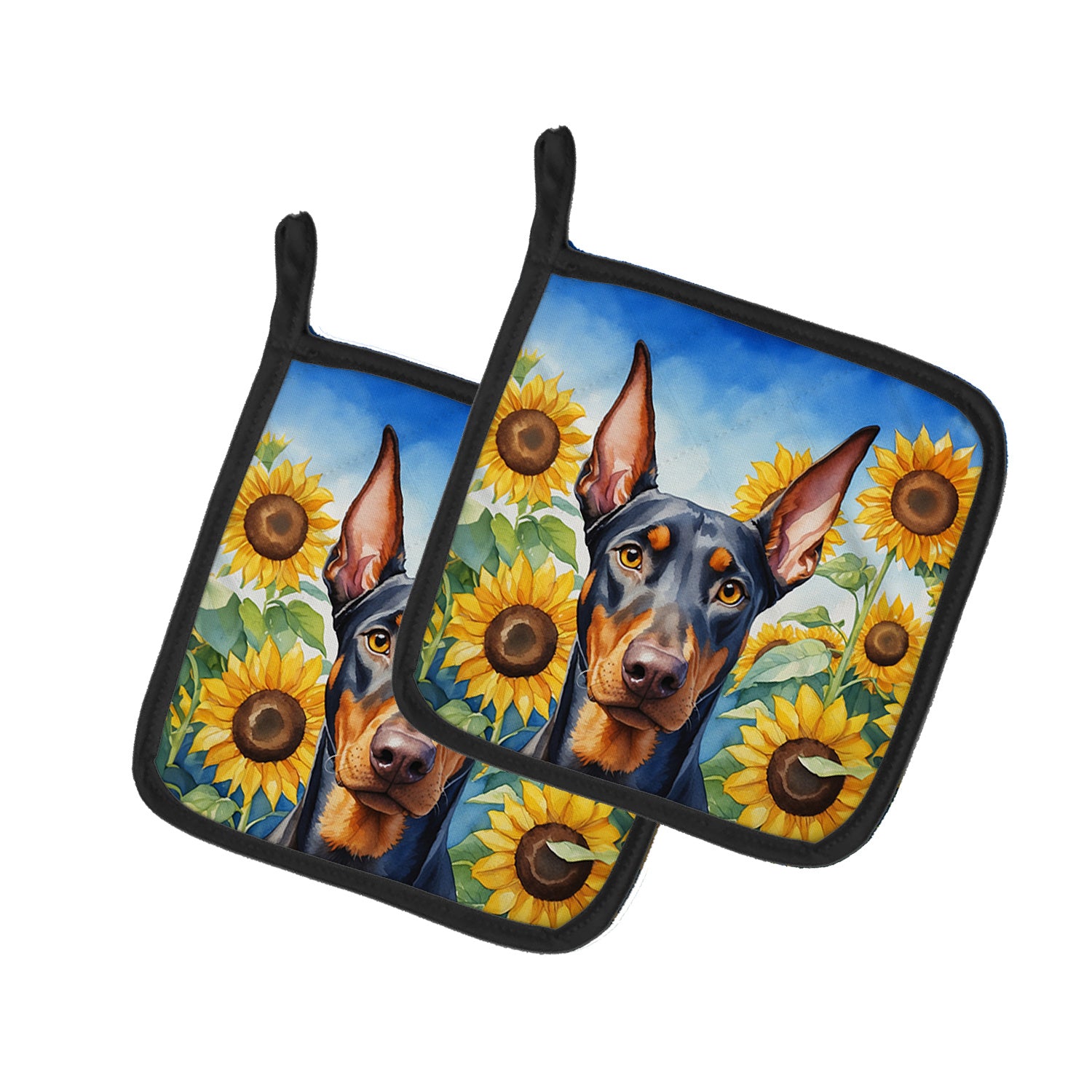 Doberman Pinscher in Sunflowers Pair of Pot Holders Kitchen Heat Resistant Pot Holders Sets Oven Hot Pads for Cooking Baking BBQ, 7 1/2 x 7 1/2