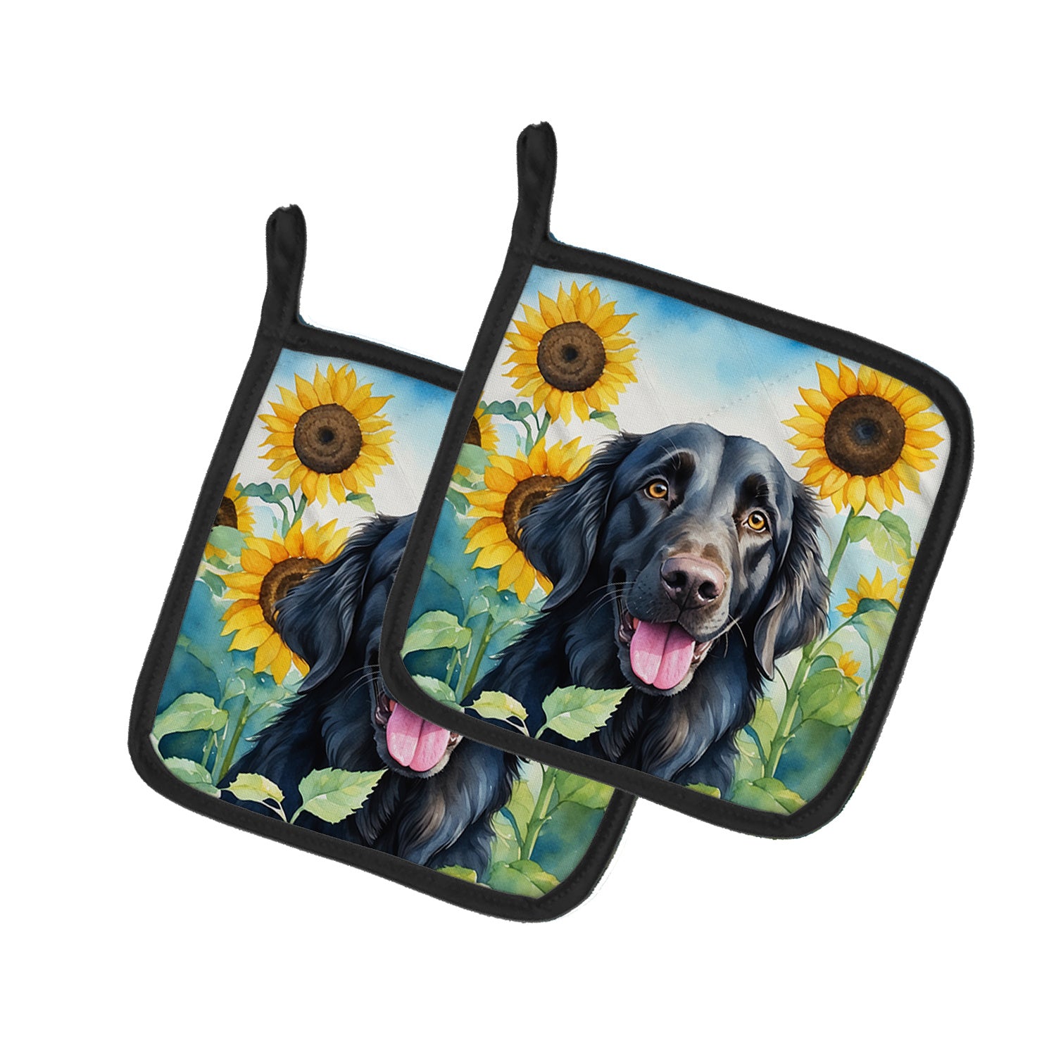 Flat-Coated Retriever in Sunflowers Pair of Pot Holders Kitchen Heat Resistant Pot Holders Sets Oven Hot Pads for Cooking Baking BBQ, 7 1/2 x 7 1/2