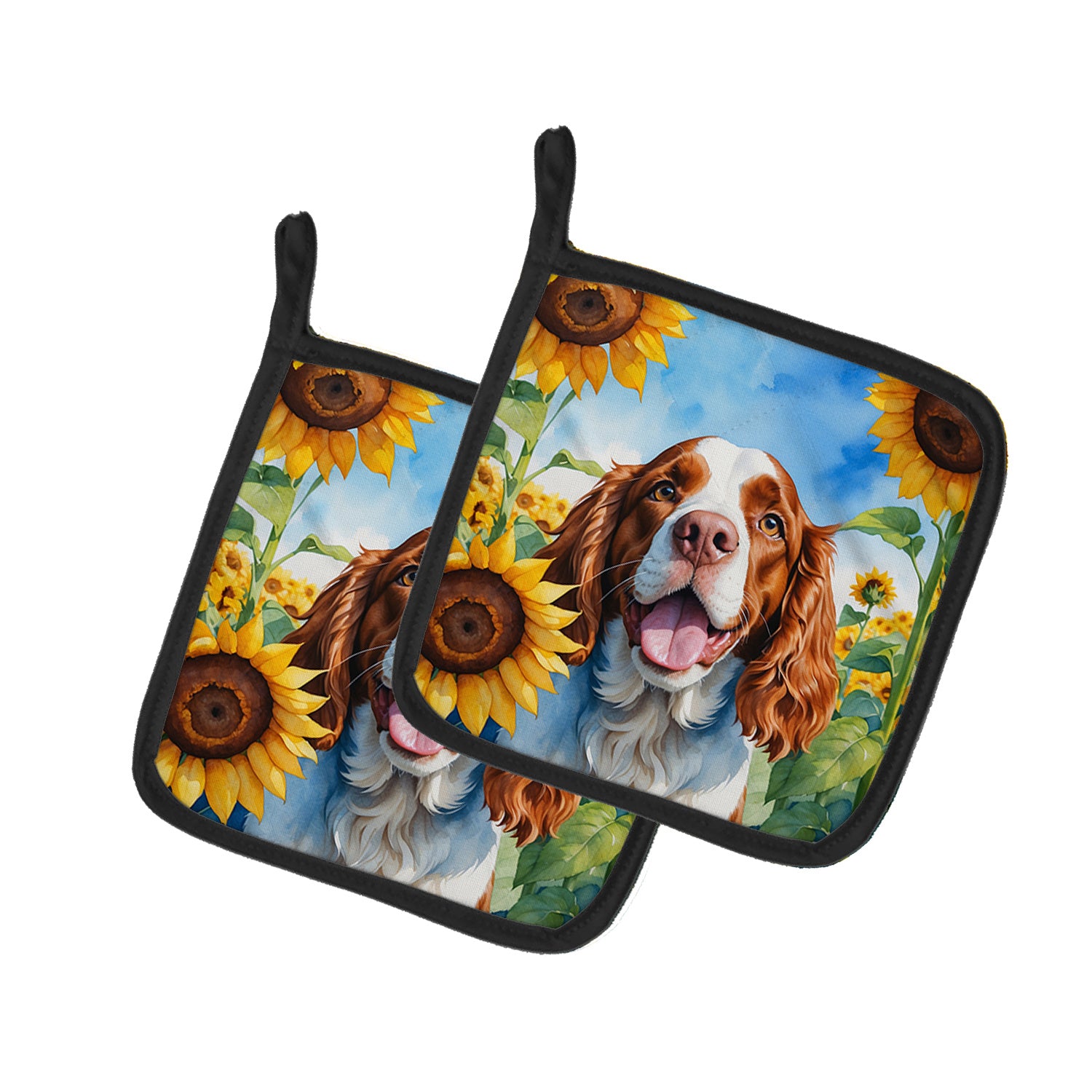 Welsh Springer Spaniel in Sunflowers Pair of Pot Holders Kitchen Heat Resistant Pot Holders Sets Oven Hot Pads for Cooking Baking BBQ, 7 1/2 x 7 1/2