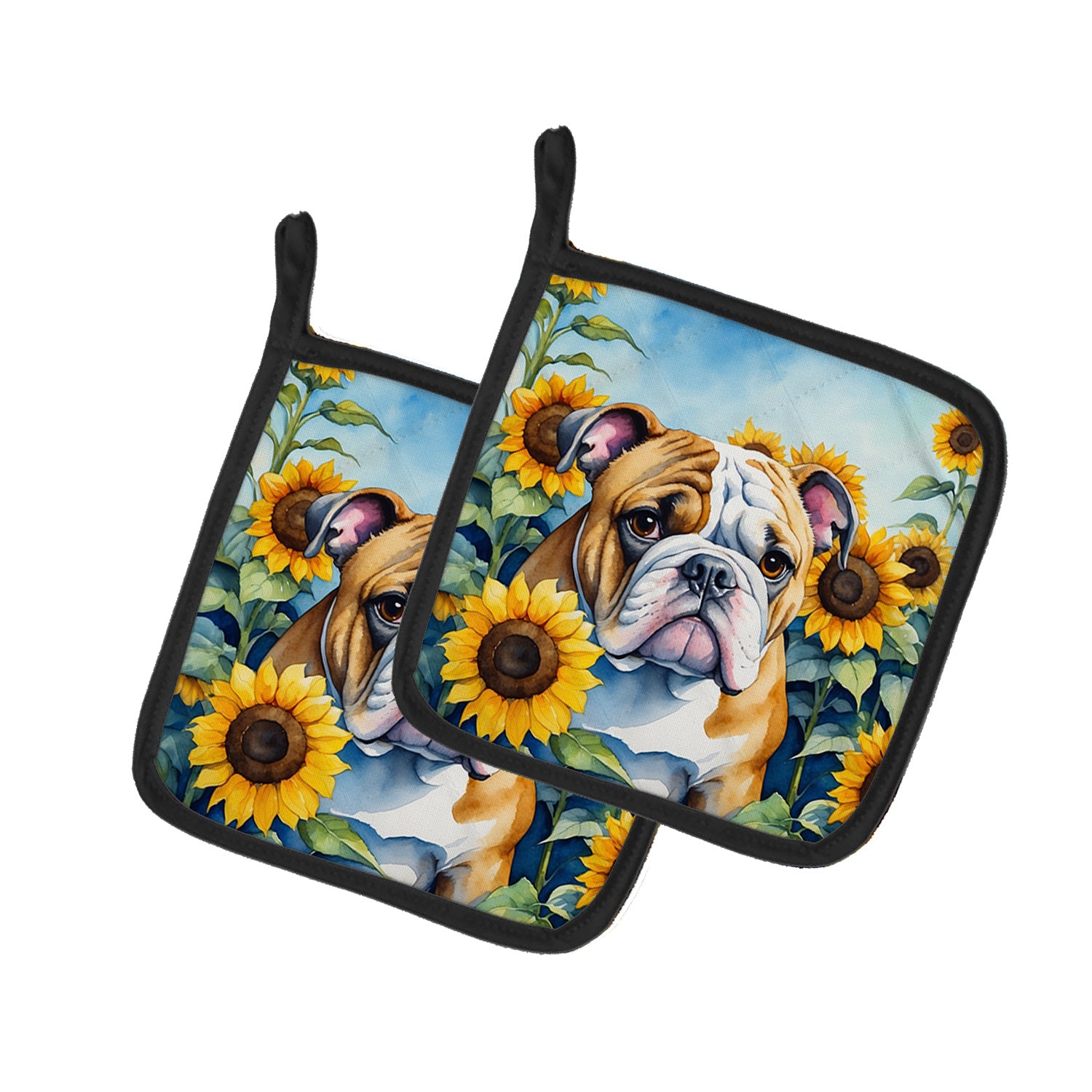 English Bulldog in Sunflowers Pair of Pot Holders Kitchen Heat Resistant Pot Holders Sets Oven Hot Pads for Cooking Baking BBQ, 7 1/2 x 7 1/2