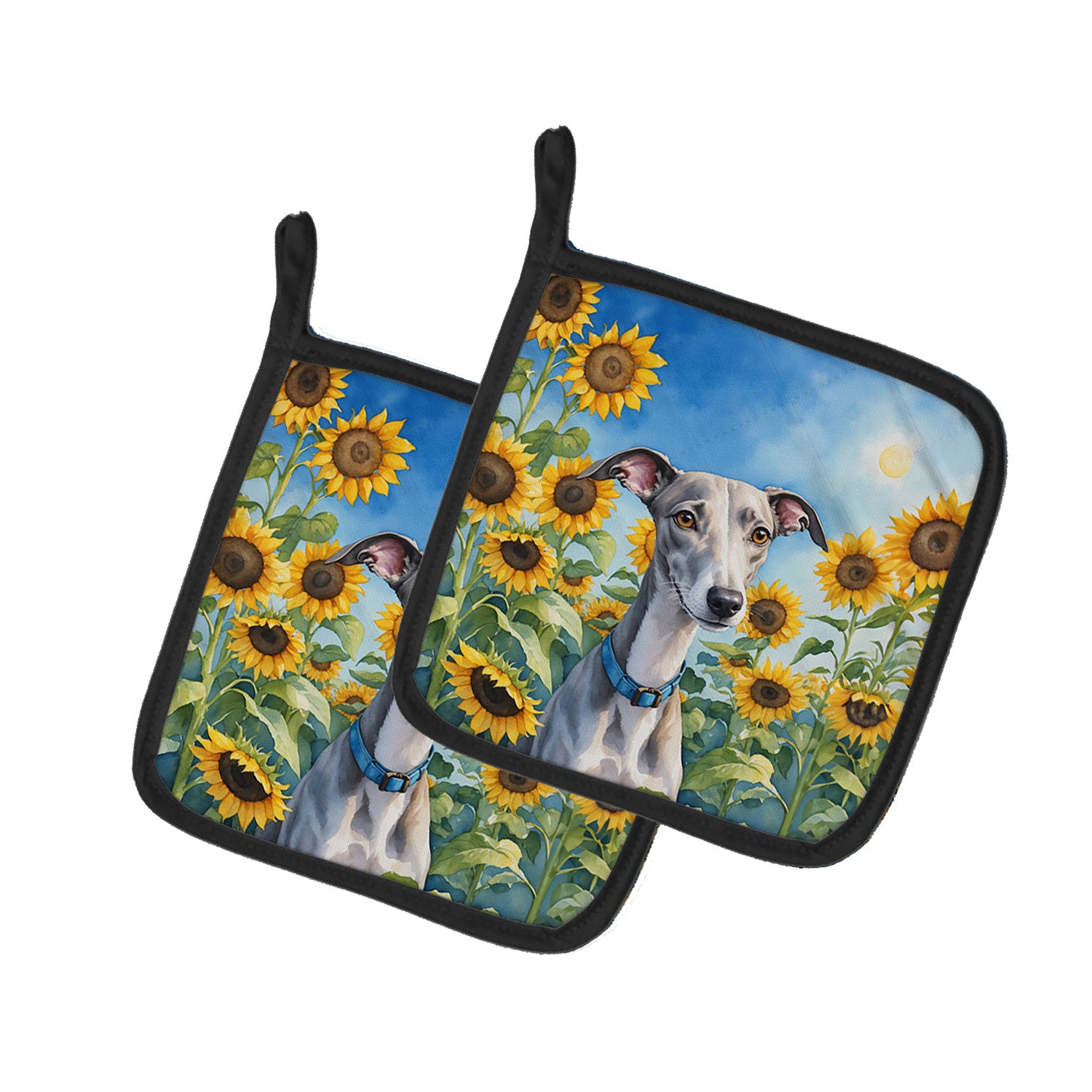 Whippet in Sunflowers Pair of Pot Holders Kitchen Heat Resistant Pot Holders Sets Oven Hot Pads for Cooking Baking BBQ, 7 1/2 x 7 1/2